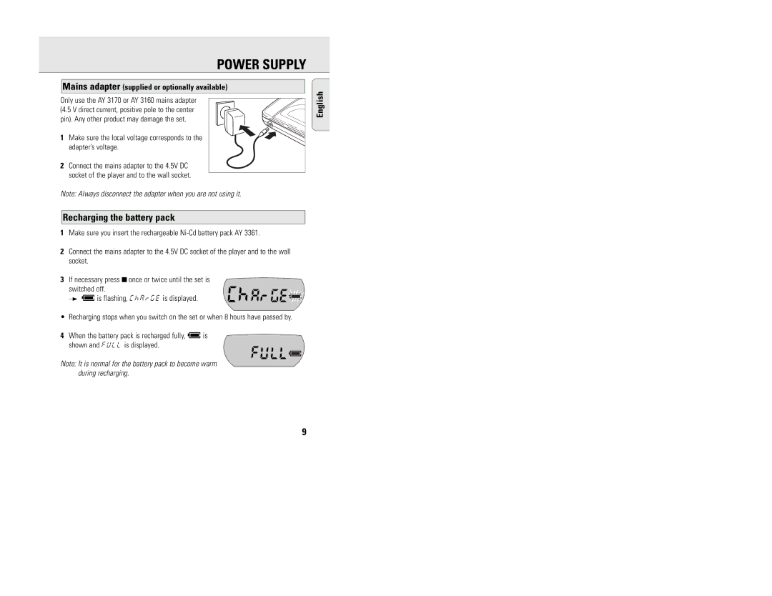 Philips AZ7784, AZ7783, AZ7880, AZ7782, AZ7780 Recharging the battery pack, Mains adapter supplied or optionally available 