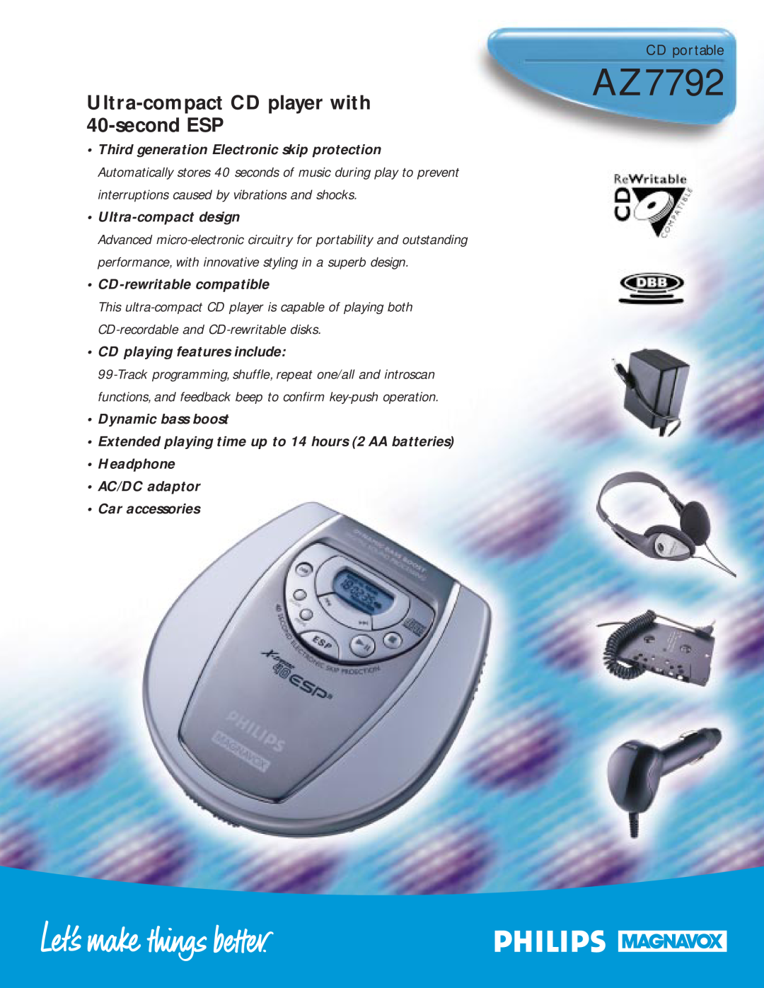 Philips AZ7792 manual CD portable, Ultra-compactCD player with 40-secondESP, Ultra-compactdesign, CD-rewritablecompatible 