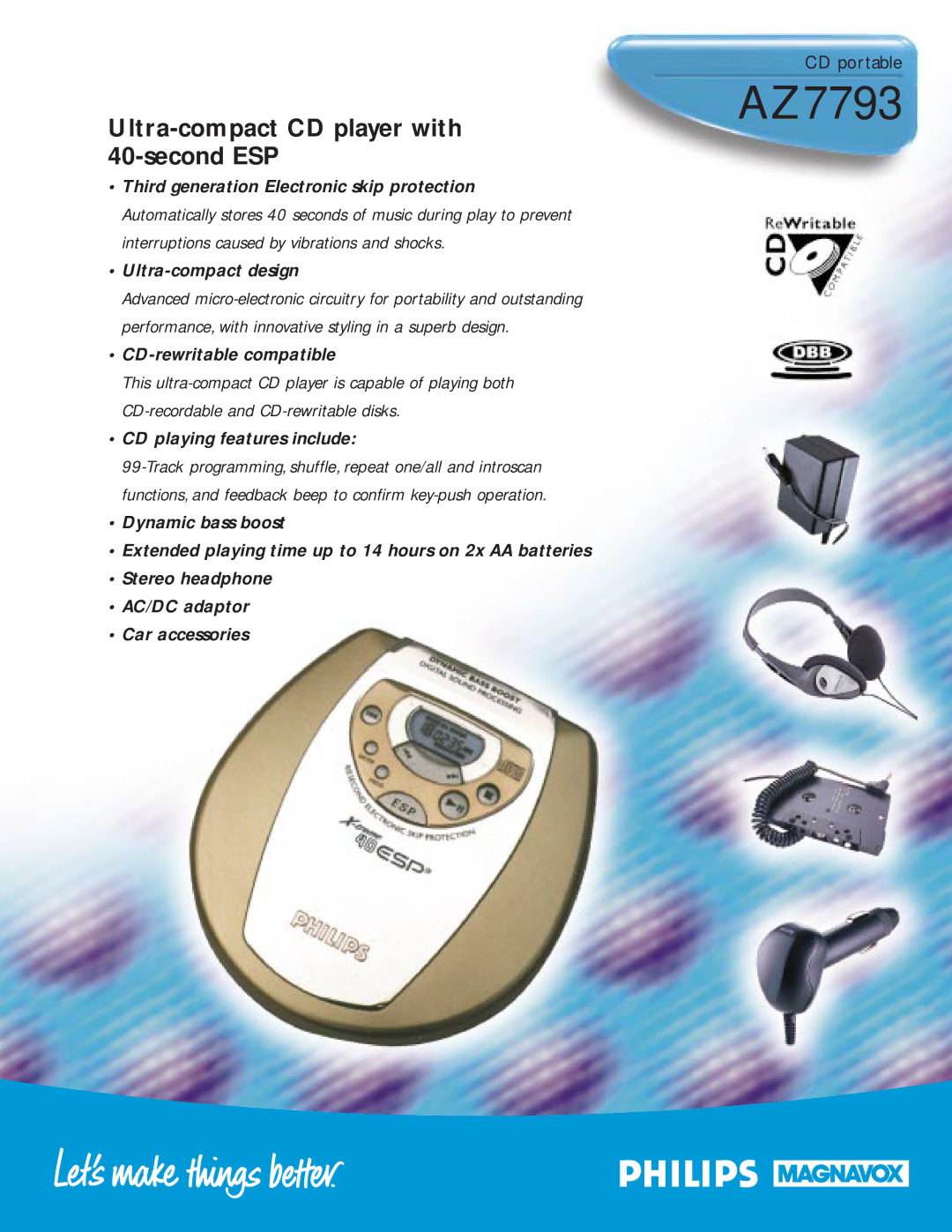 Philips AZ7793 manual Ultra-compact design, CD-rewritable compatible, CD playing features include 