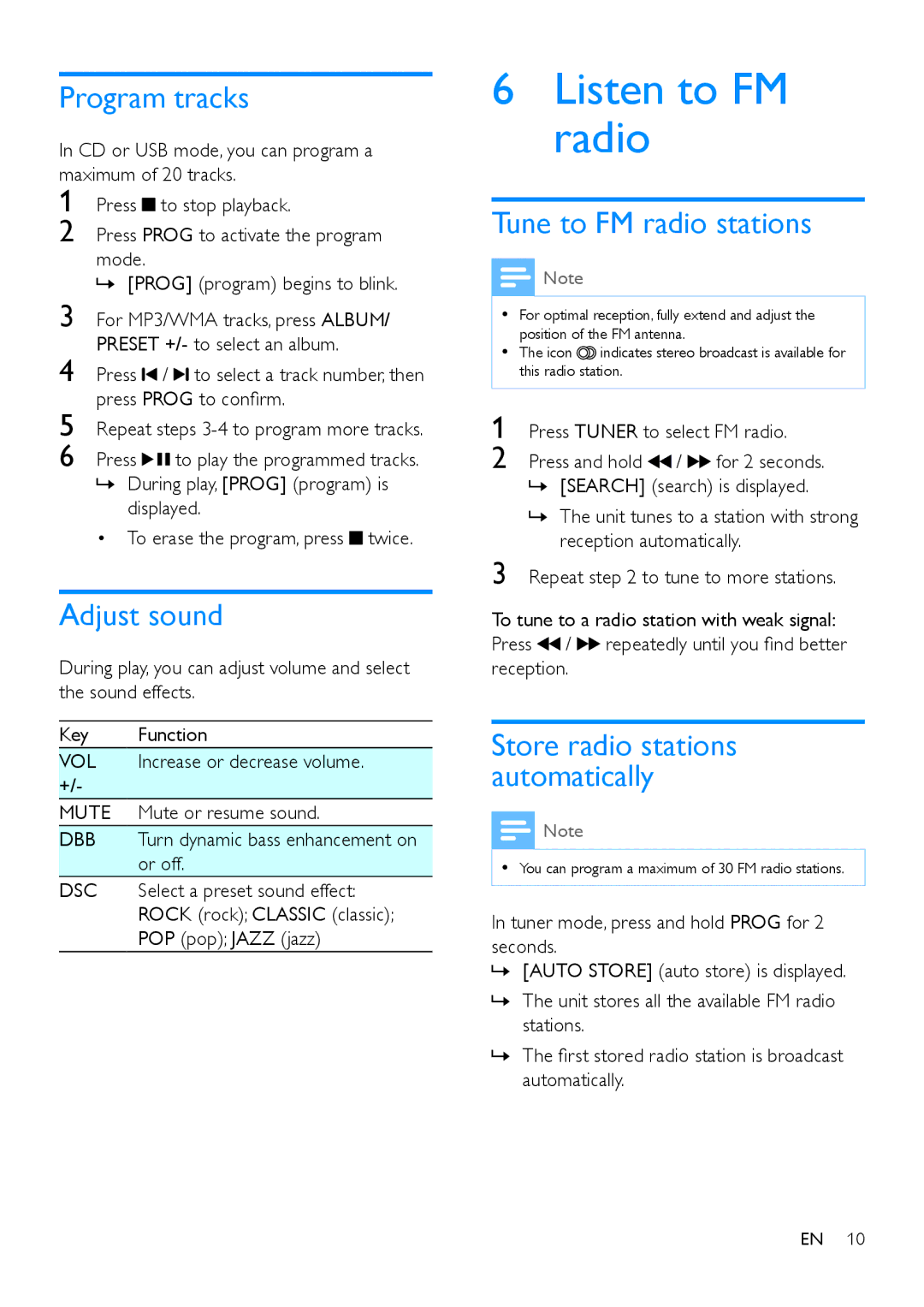 Philips AZ783 user manual Listen to FM radio, Program tracks, Adjust sound, Tune to FM radio stations 