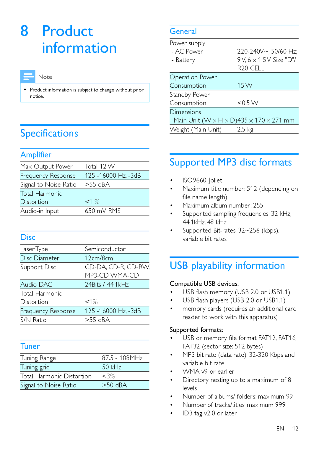 Philips AZ783 user manual Specifications, Supported MP3 disc formats, USB playability information 