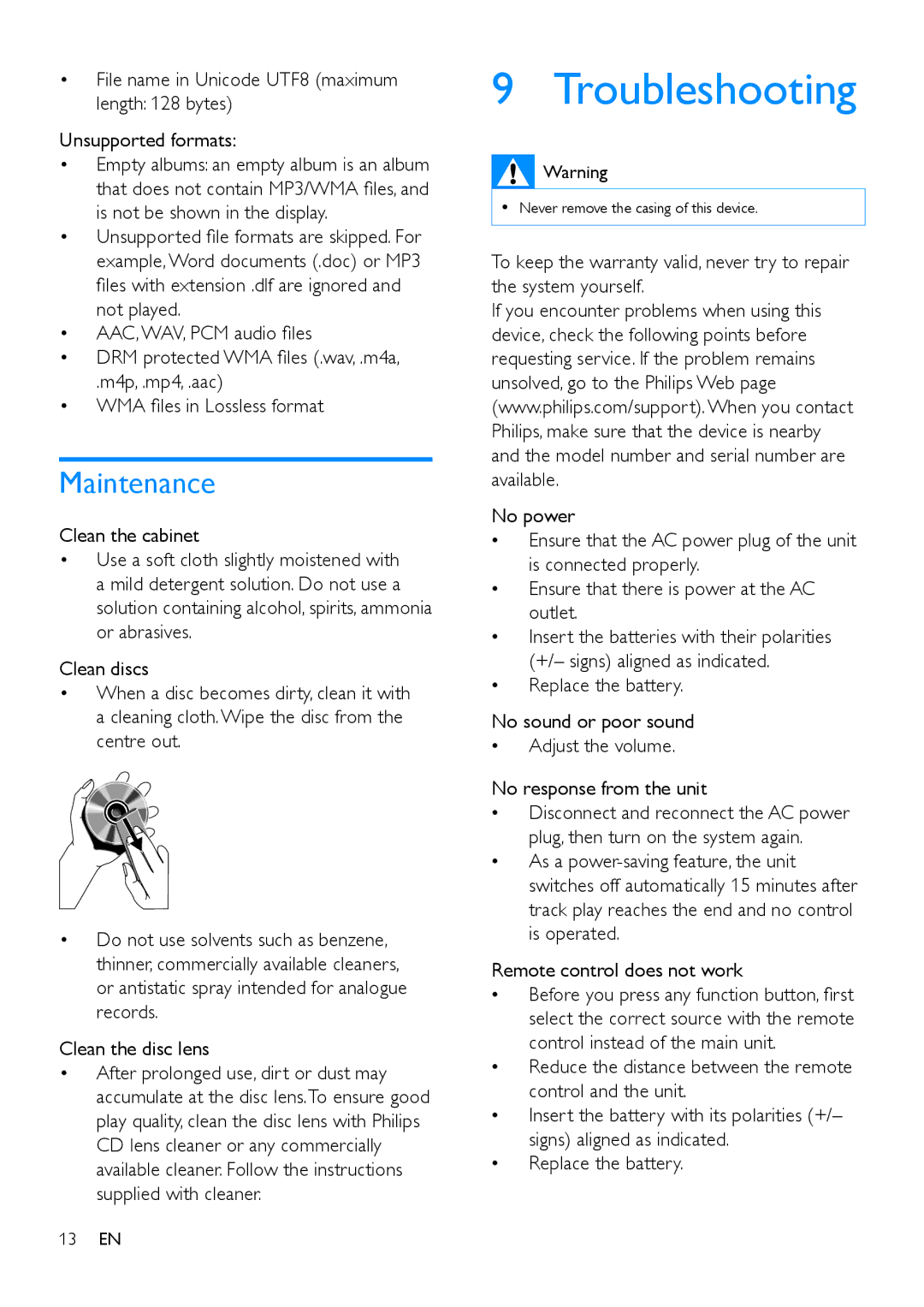 Philips AZ783 user manual Troubleshooting, Maintenance 