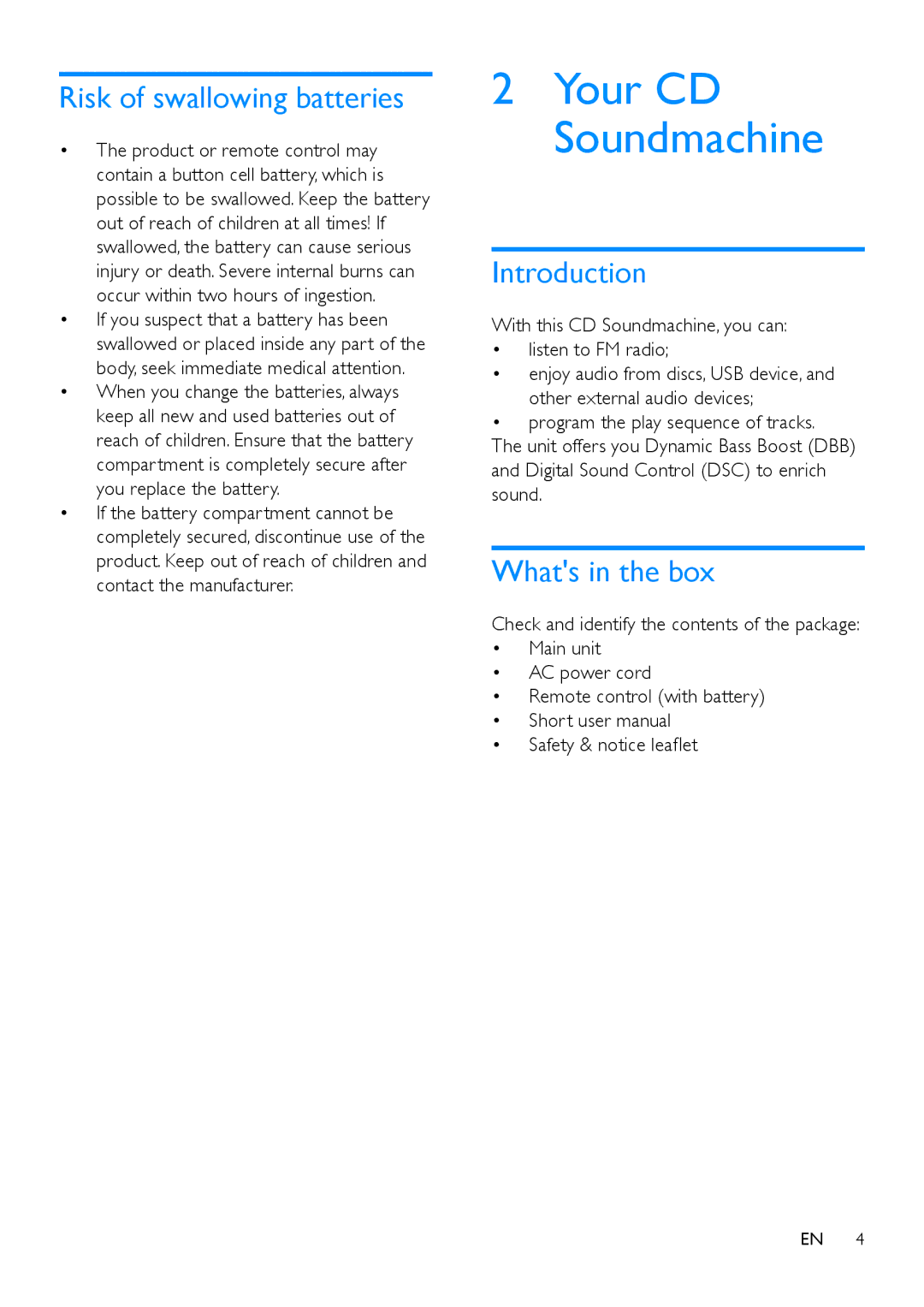 Philips AZ783 user manual Risk of swallowing batteries, Introduction, Whats in the box 