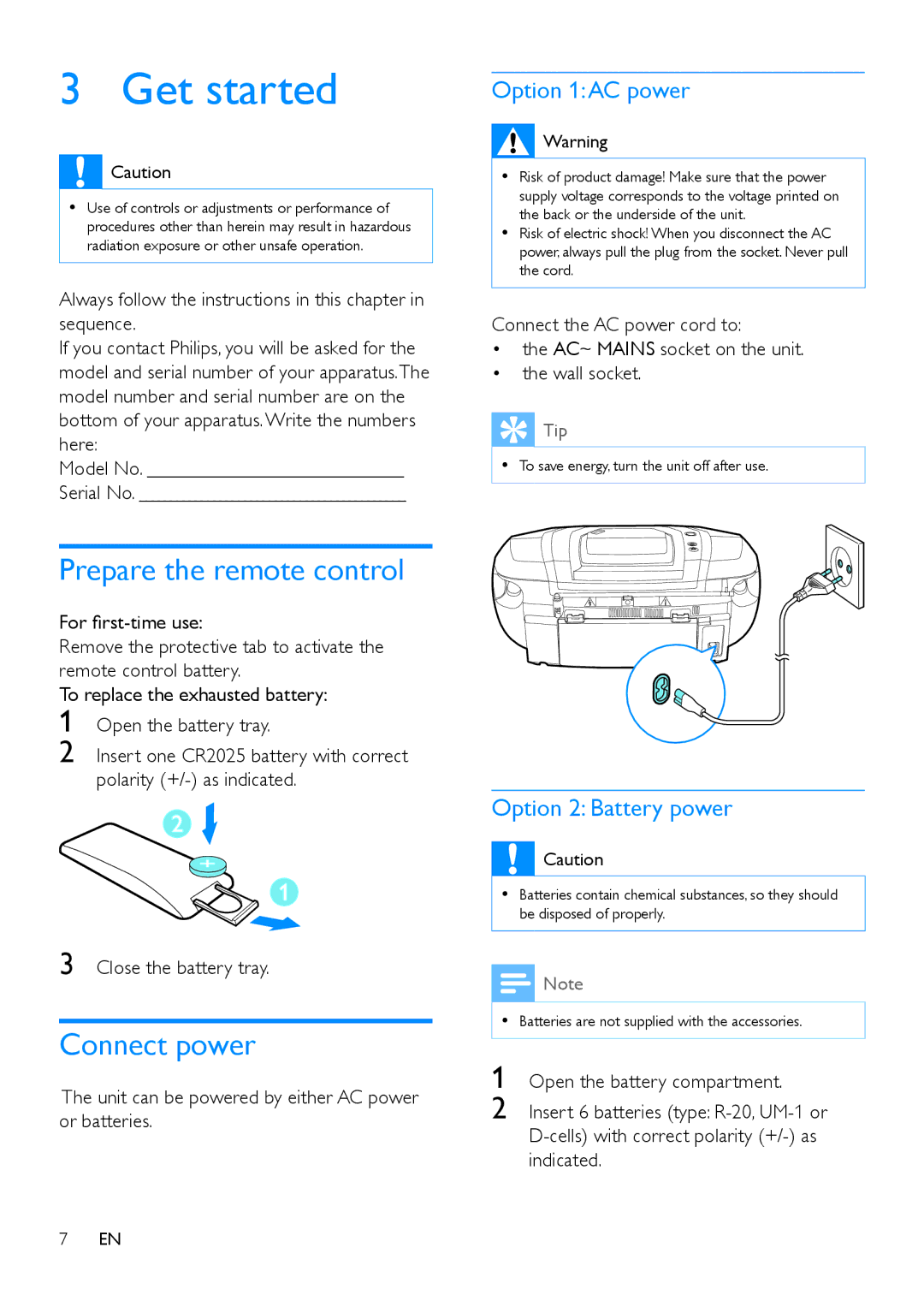 Philips AZ783 user manual Get started, Prepare the remote control, Connect power 