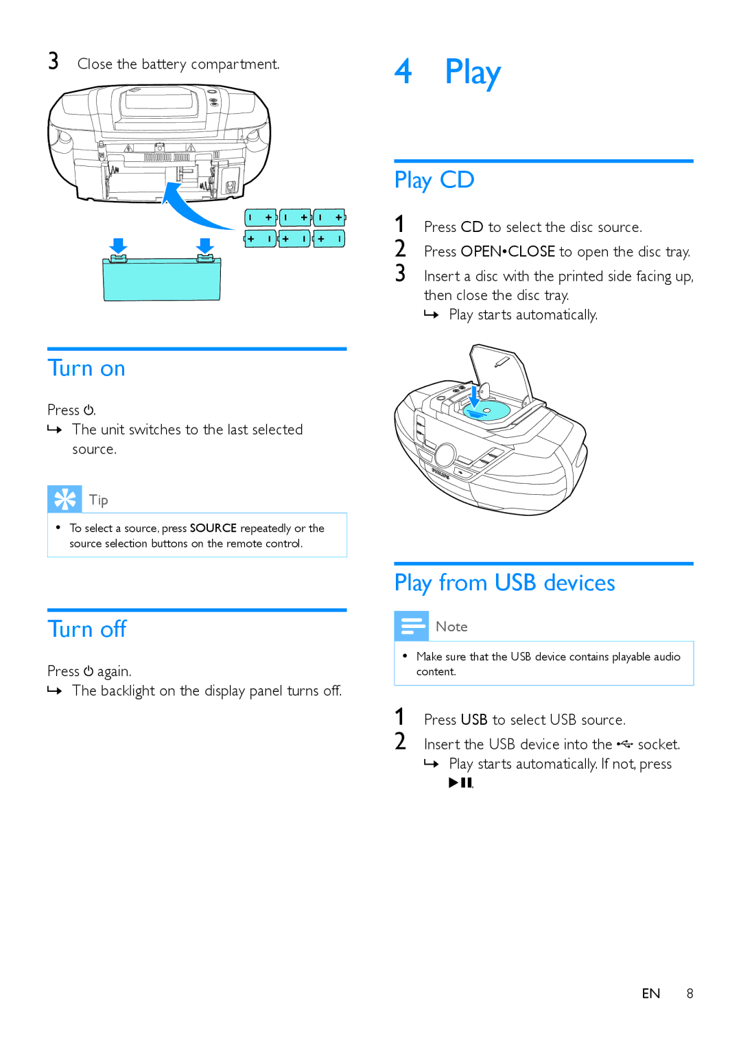 Philips AZ783 user manual Turn on, Turn off, Play CD, Play from USB devices 