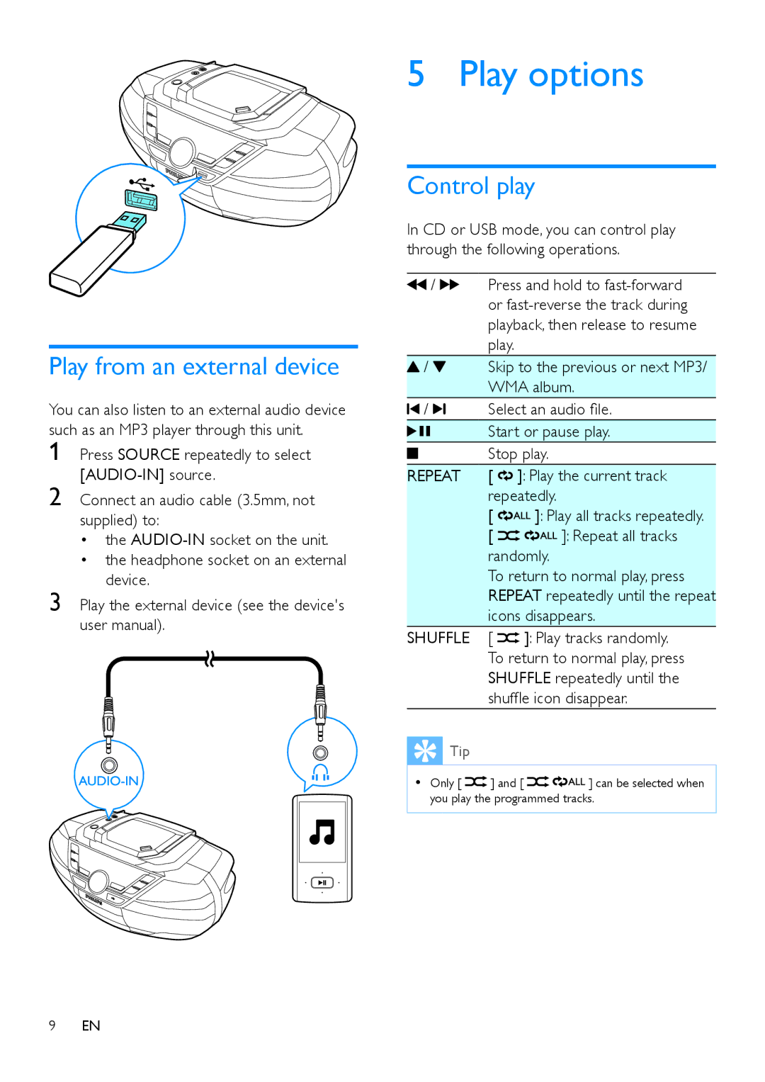 Philips AZ783 user manual Play options, Play from an external device, Control play 