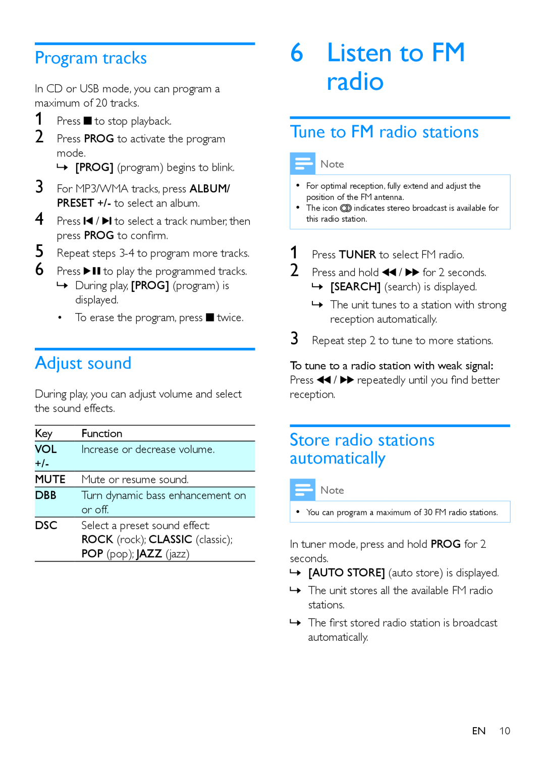 Philips AZ783 user manual Listen to FM radio, Program tracks, Adjust sound, Tune to FM radio stations 