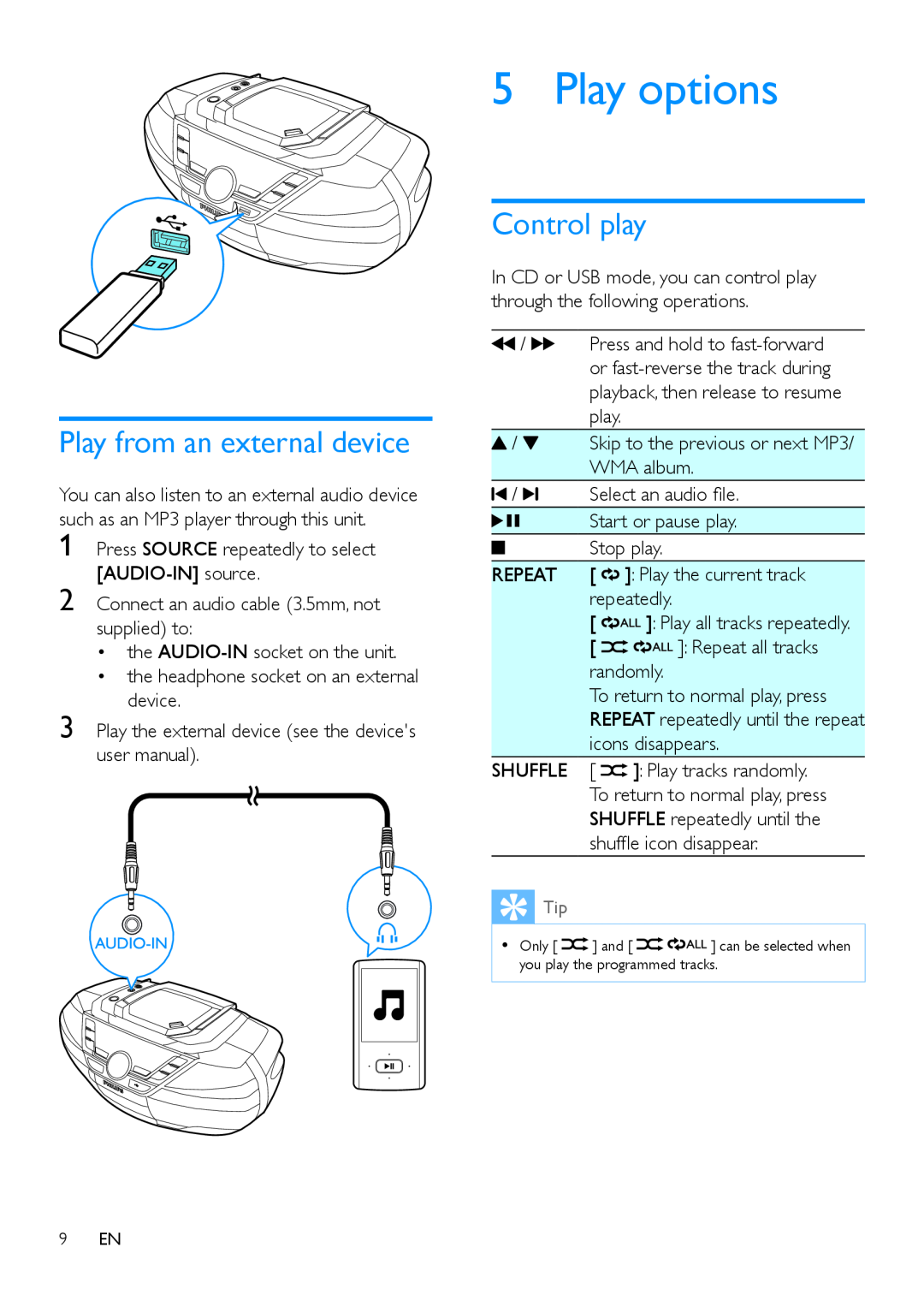 Philips AZ783 user manual Play options, Play from an external device, Control play 
