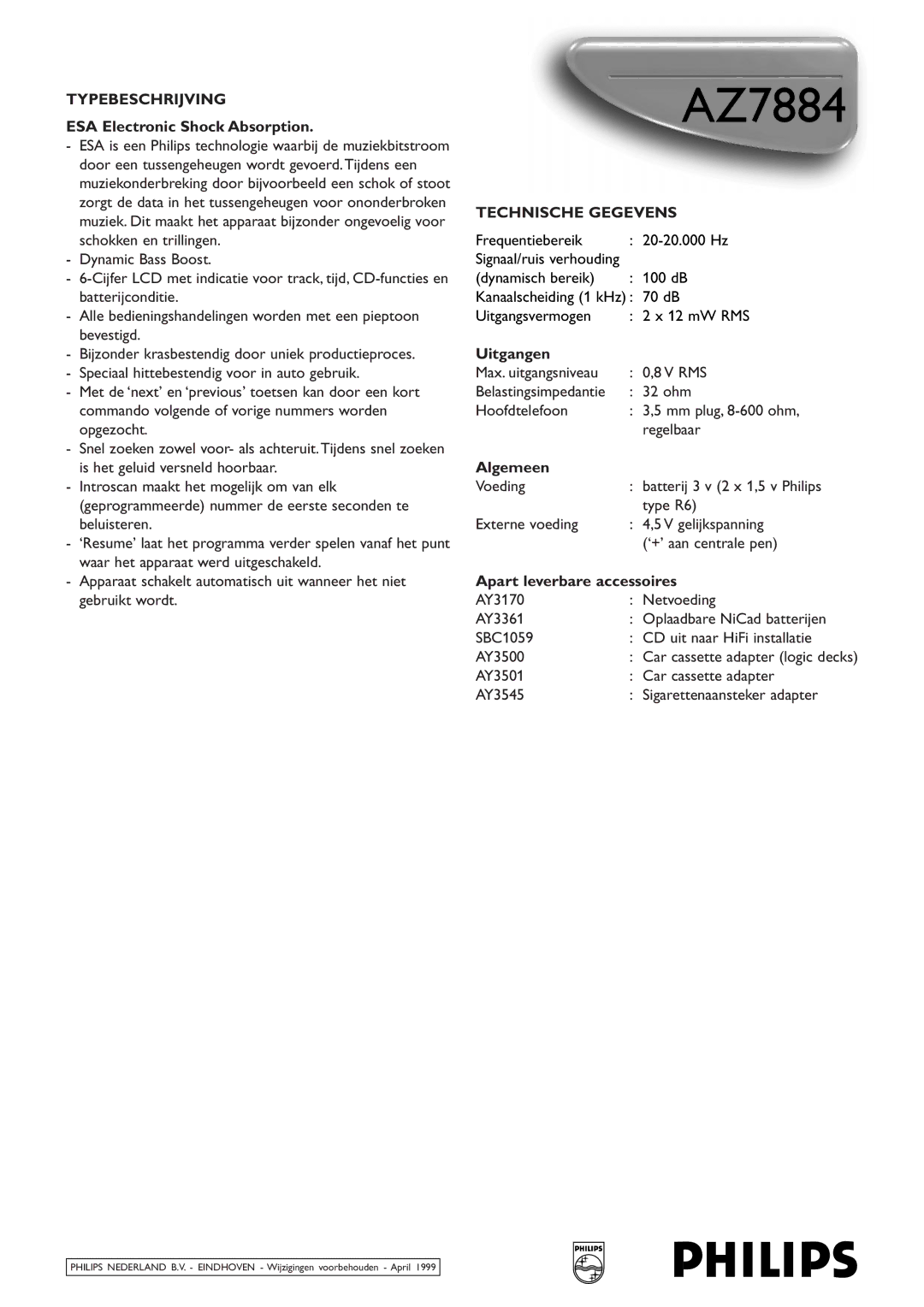 Philips AZ7884 manual Typebeschrijving, Technische Gegevens 