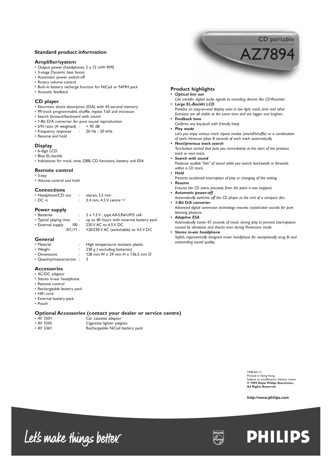 Philips AZ7894 Standard product information Amplifier/system, CD player, Display, Remote control, Connections, General 