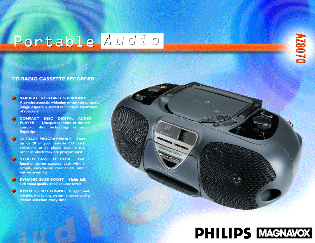 Philips manual Portable, AZ8070AZ8070, Cd Radio Cassette Recorder 