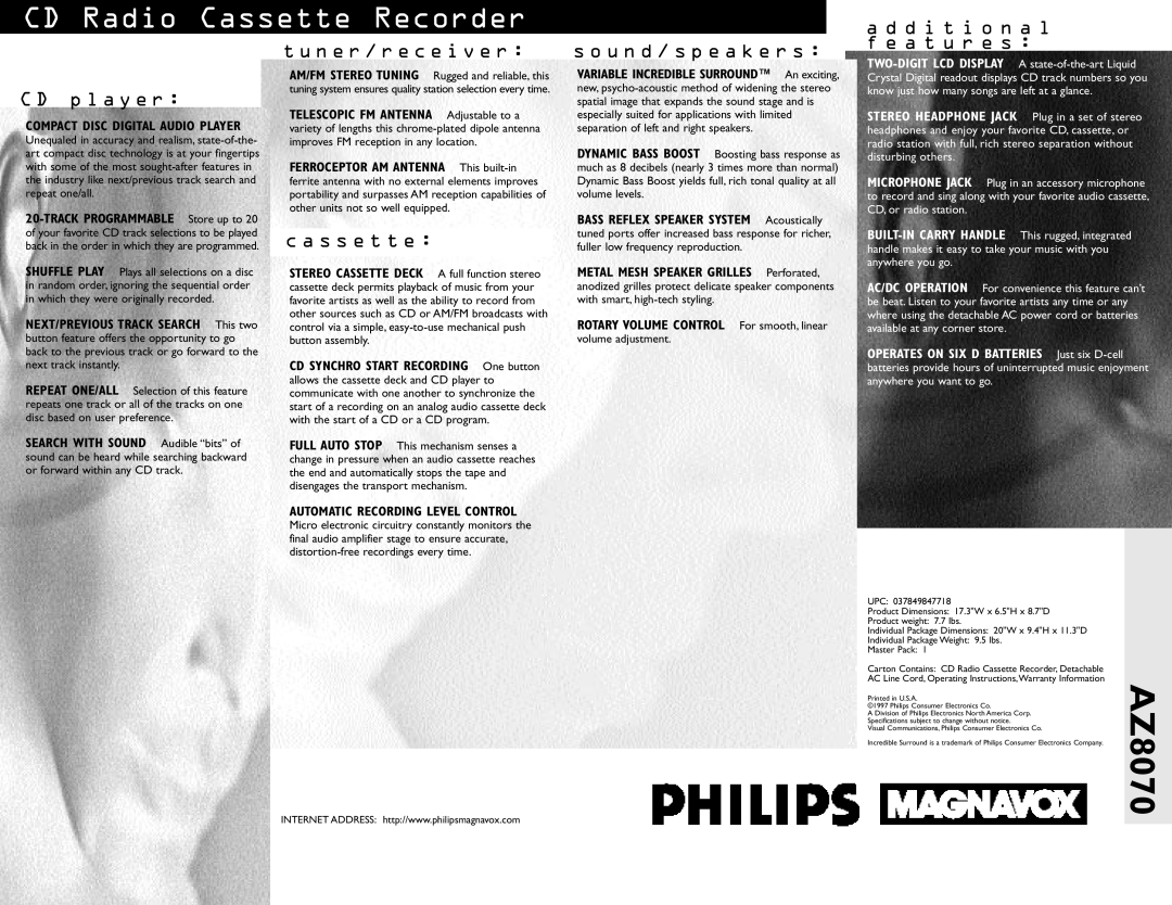 Philips AZ8070 manual CD Radio Cassette Recorder, a d d i t i o n a l f e a t u r e s, C D p l a y e r, c a s s e t t e 
