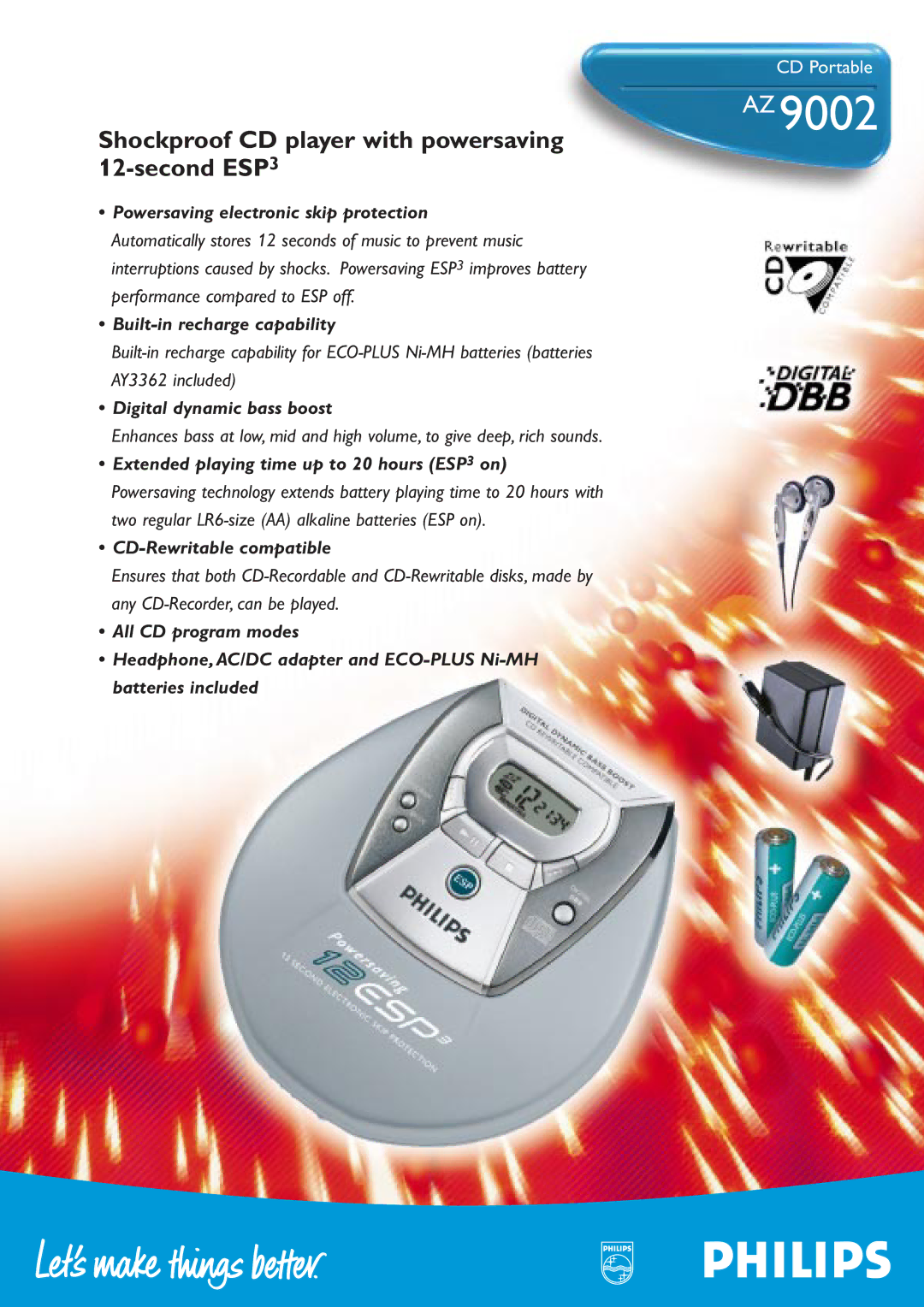 Philips AZ9002 manual Digital dynamic bass boost, Extended playing time up to 20 hours ESP3 on, CD-Rewritable compatible 