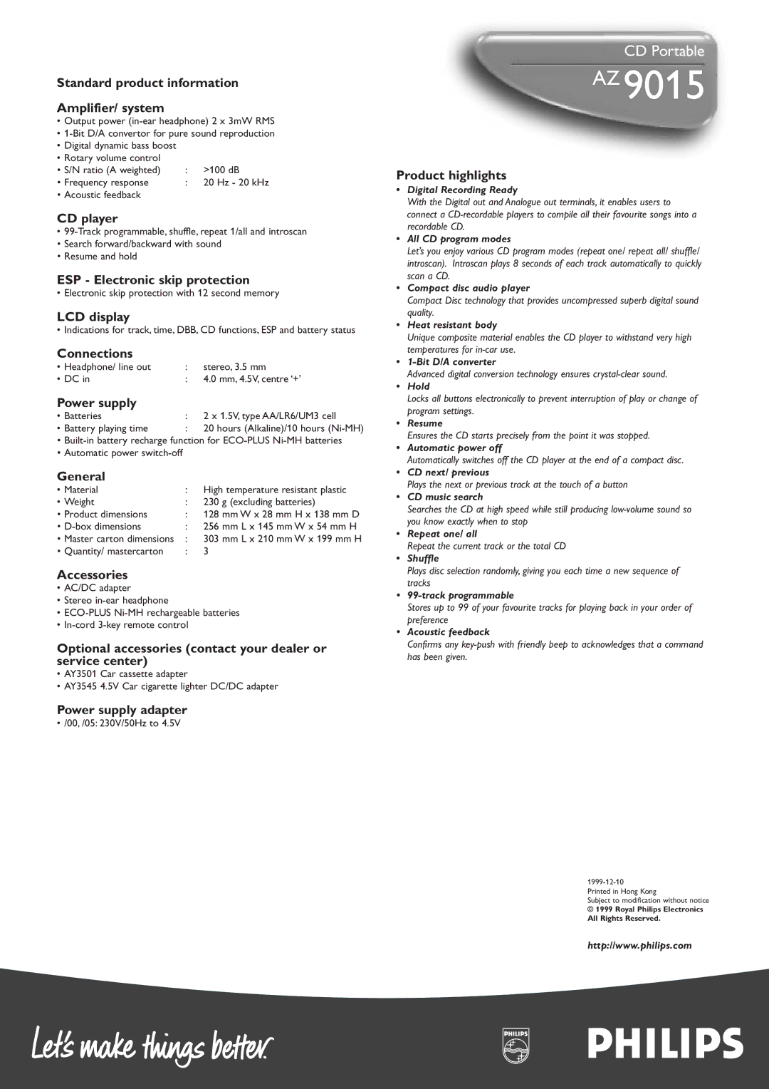 Philips AZ9015 Standard product information Amplifier/ system, CD player, ESP Electronic skip protection, LCD display 