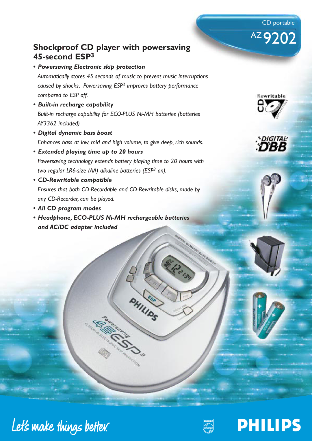 Philips AZ9202 manual Powersaving Electronic skip protection, Built-in recharge capability, Digital dynamic bass boost 