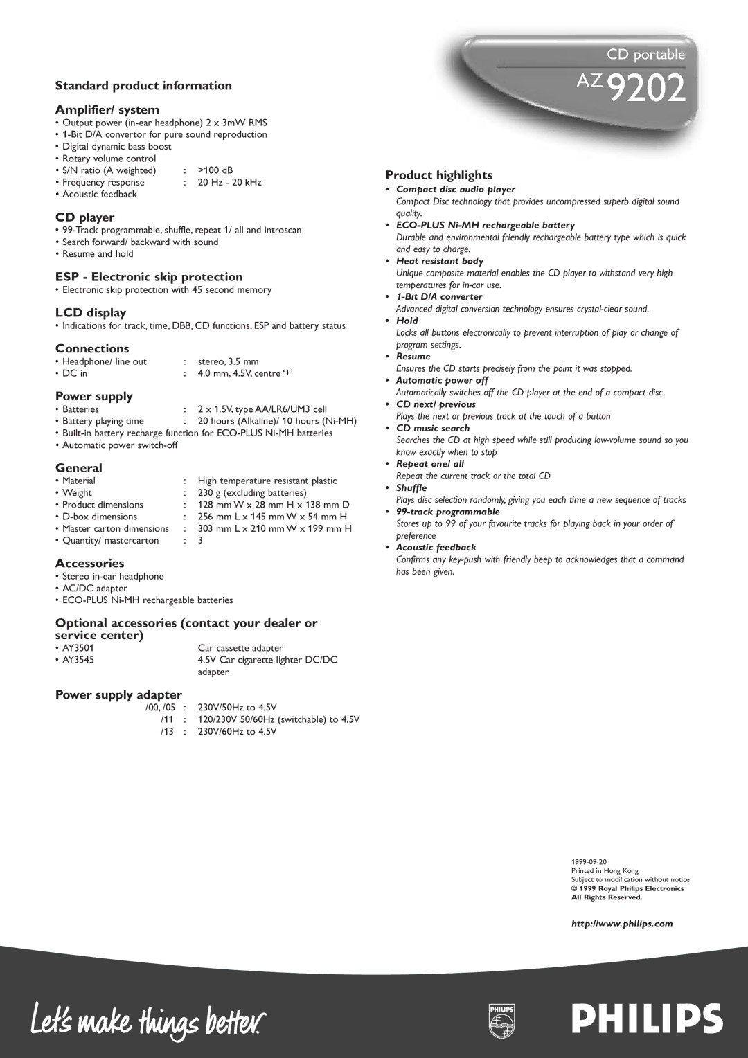 Philips AZ9202 Standard product information Amplifier/ system, CD player, ESP Electronic skip protection, LCD display 