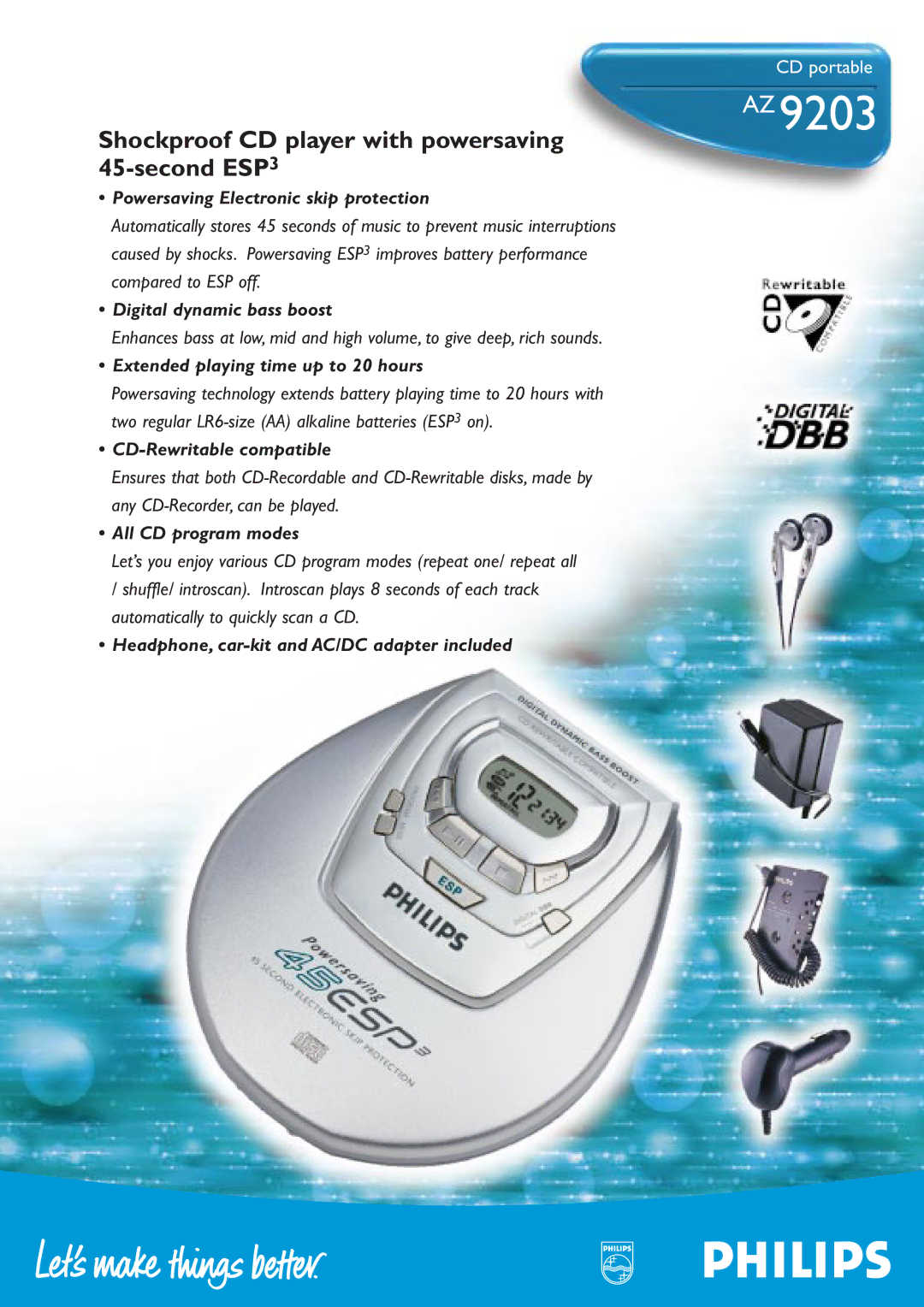 Philips AZ9203 manual Powersaving Electronic skip protection, Digital dynamic bass boost, CD-Rewritable compatible 