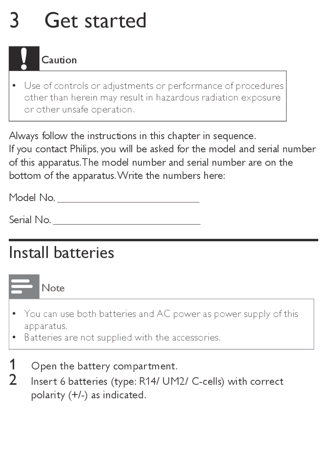 Philips AZD208/05 user manual Get started, Install batteries, Model No Serial No 