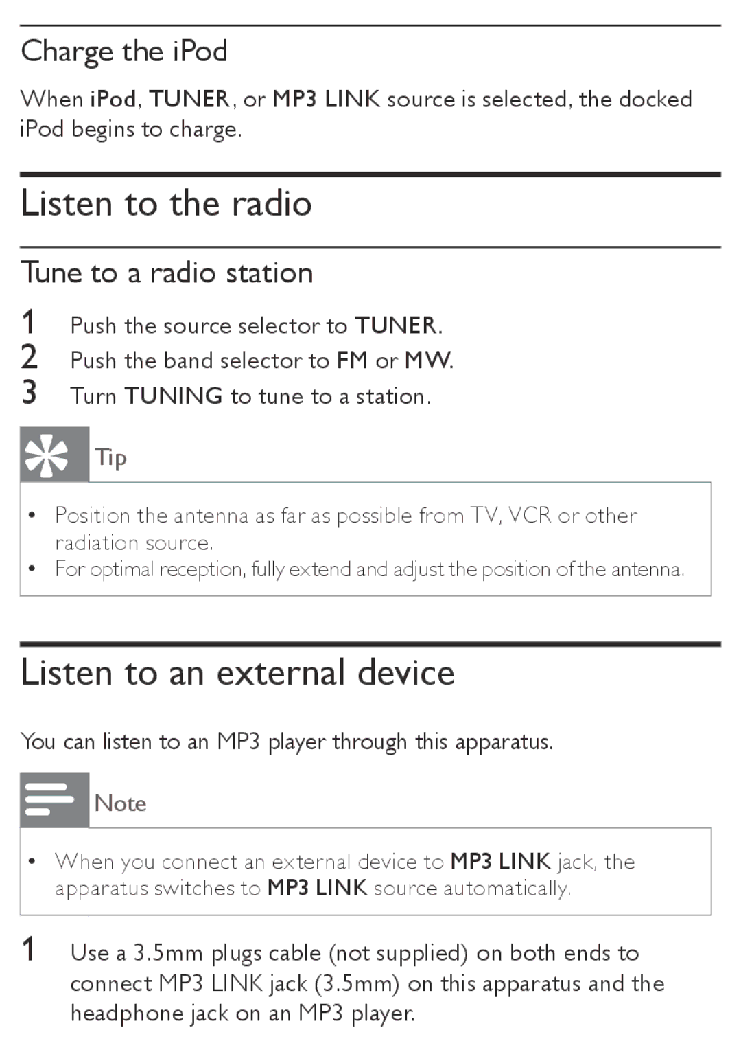 Philips AZD208/05 Listen to the radio, Listen to an external device, Charge the iPod, Tune to a radio station 