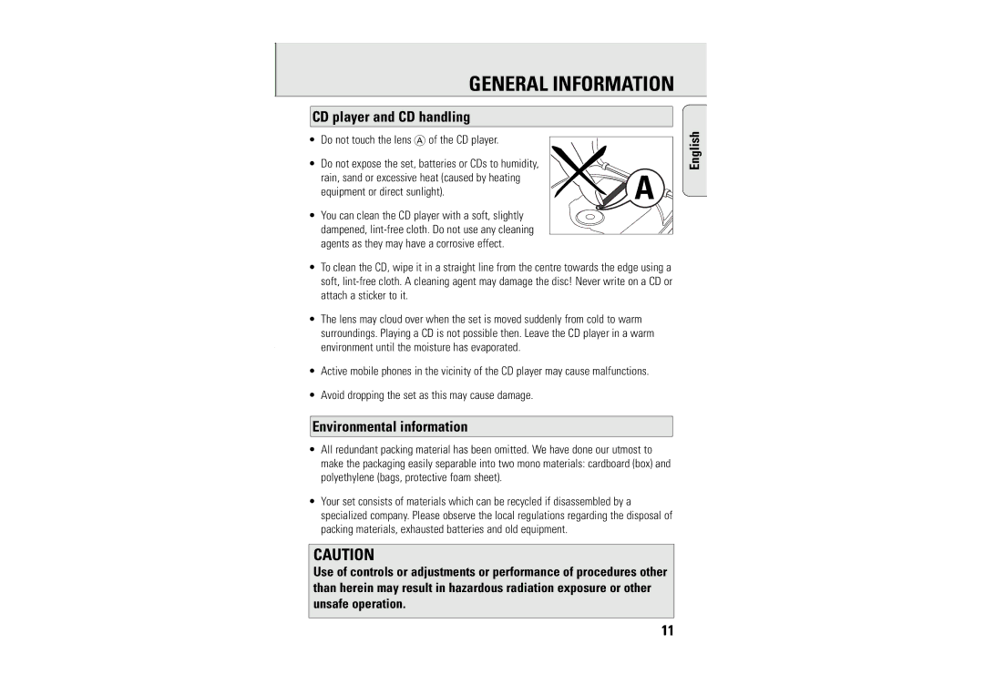 Philips AZT9230 manual CD player and CD handling, Environmental information, Do not touch the lens Aof the CD player 