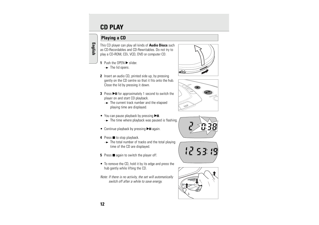 Philips AZT9230 manual CD Play, Playing a CD, You can pause playback by pressing 