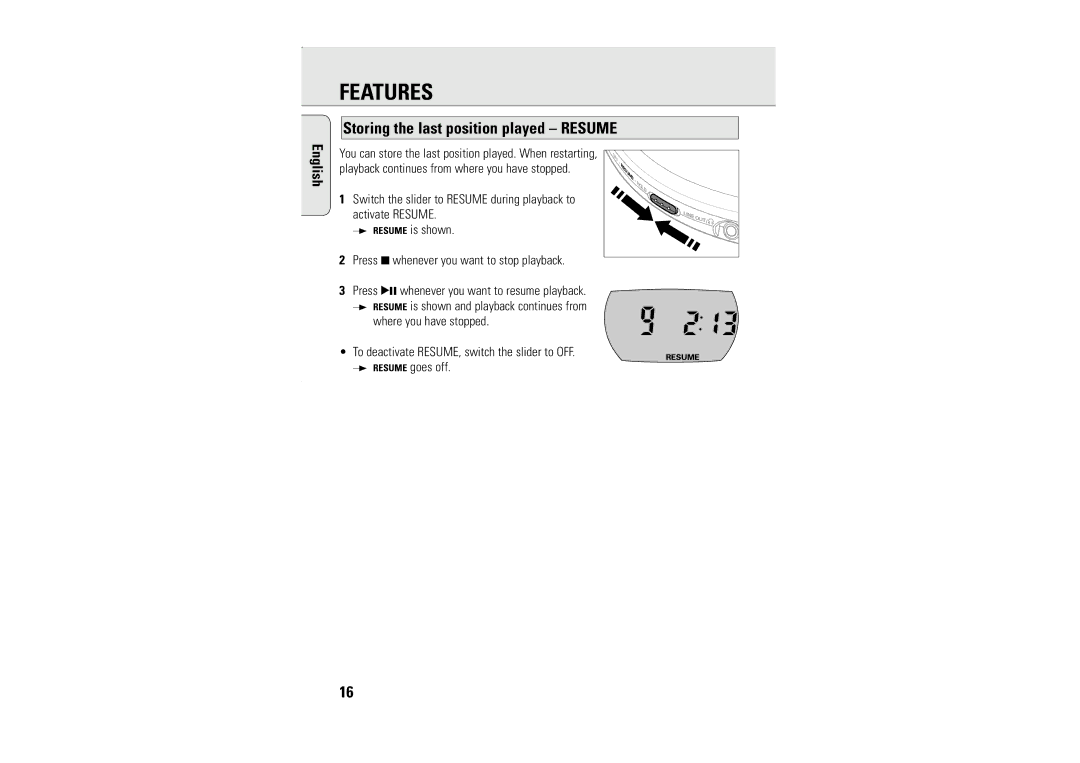 Philips AZT9230 manual Storing the last position played Resume 