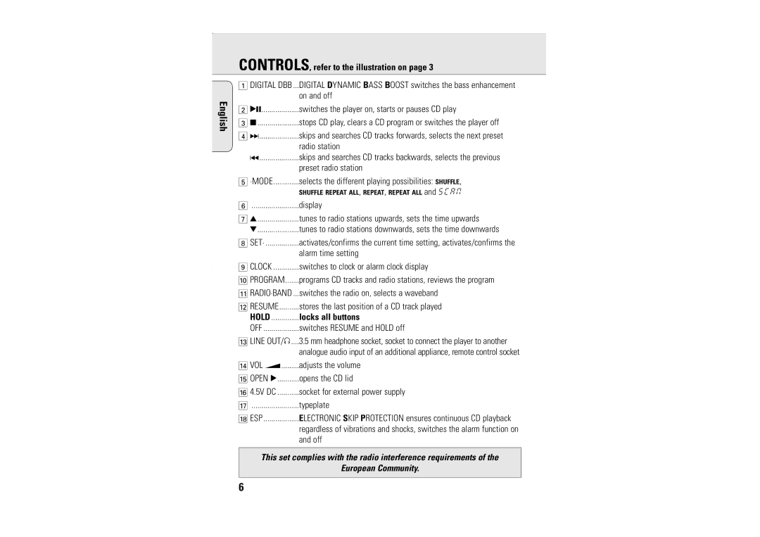 Philips AZT9230 CONTROLS, refer to the illustration on, Locks all buttons, Socket for external power supply, Typeplate 