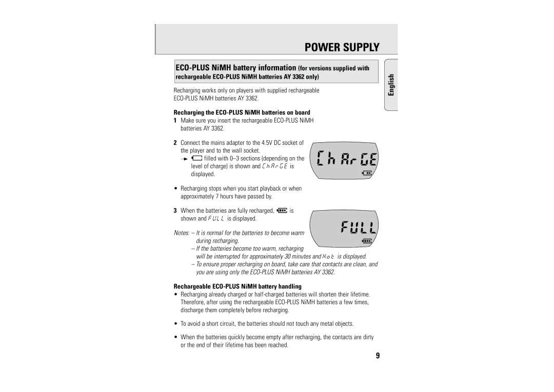 Philips AZT9230 manual Rechargeable ECO-PLUS NiMH batteries AY 3362 only, Recharging the ECO-PLUS NiMH batteries on board 