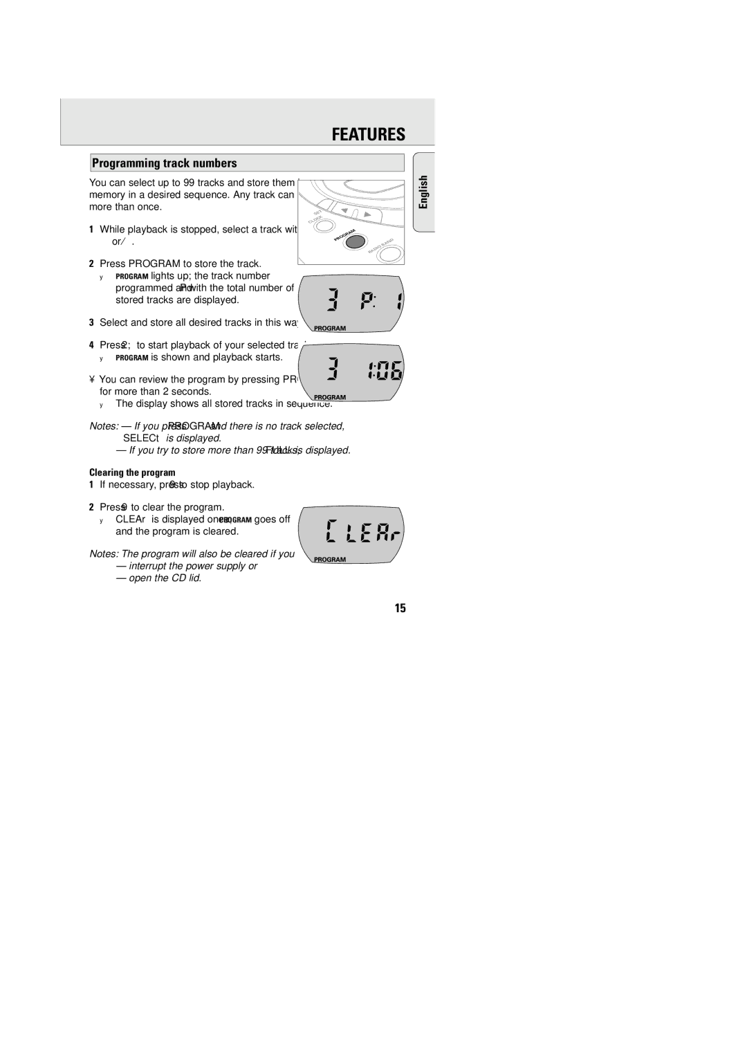 Philips AZT9240 manual Programming track numbers, Clearing the program 