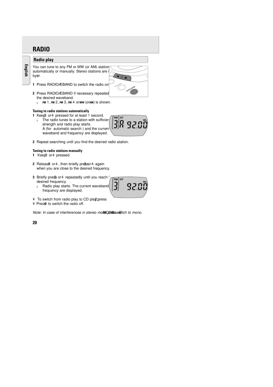 Philips AZT9240 Radio play, Tuning to radio stations automatically, Tuning to radio stations manually 