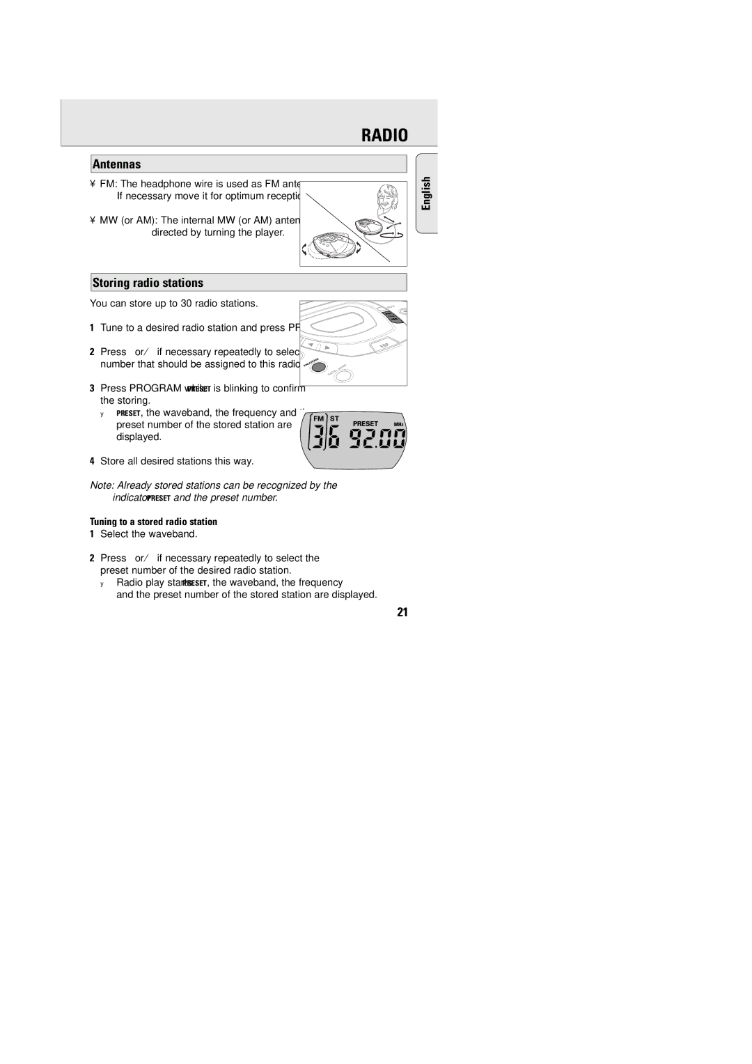 Philips AZT9240 Antennas, Storing radio stations, You can store up to 30 radio stations, Tuning to a stored radio station 