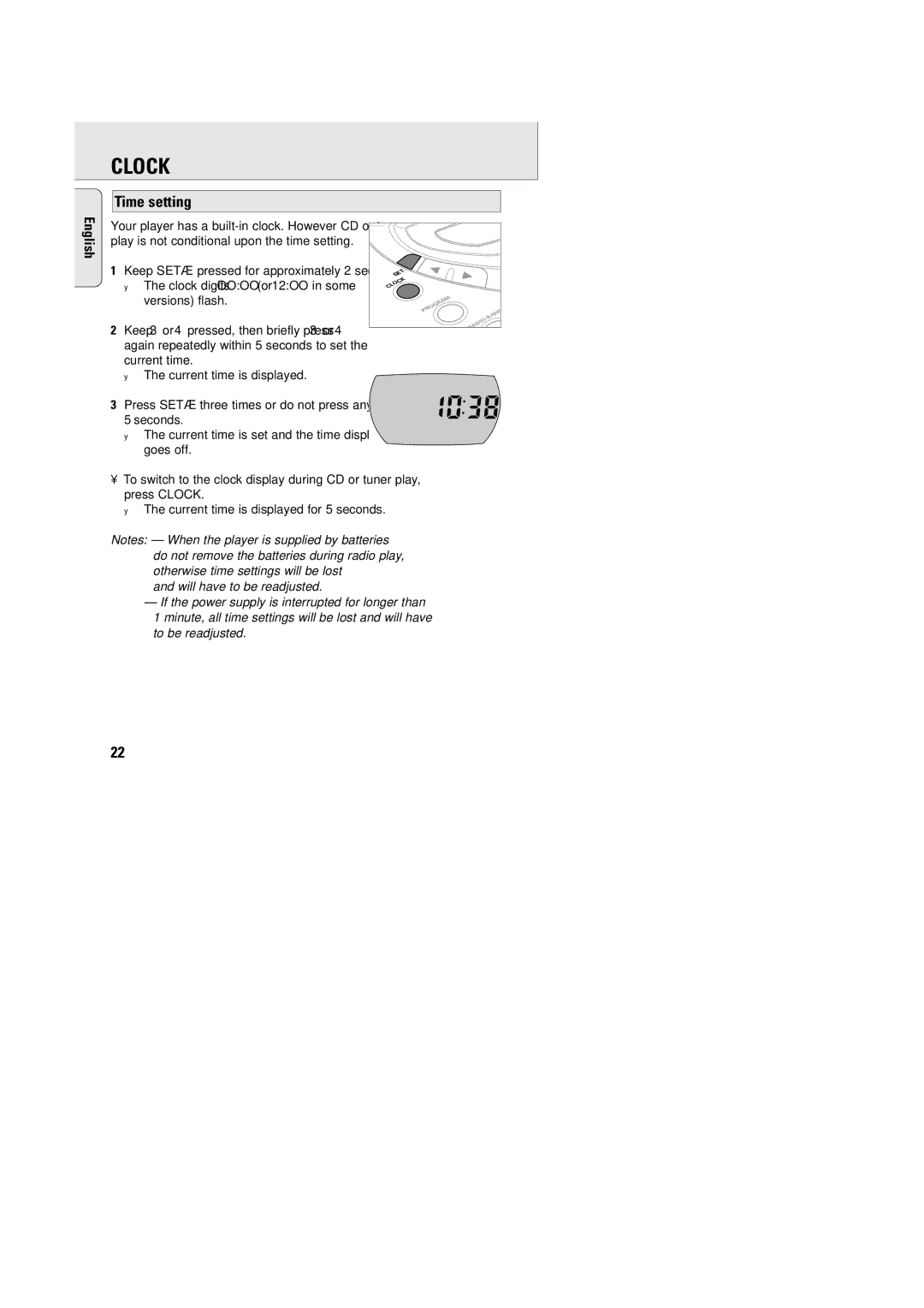 Philips AZT9240 manual Clock, Time setting 