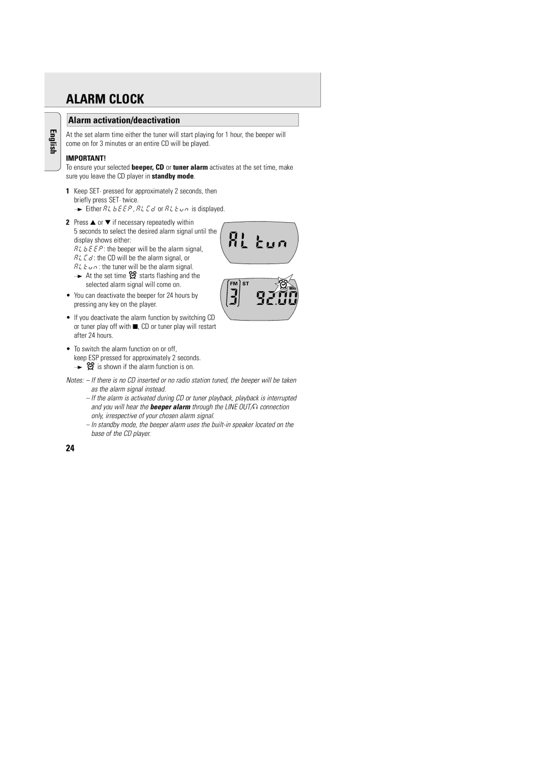 Philips AZT9240 manual Alarm activation/deactivation 