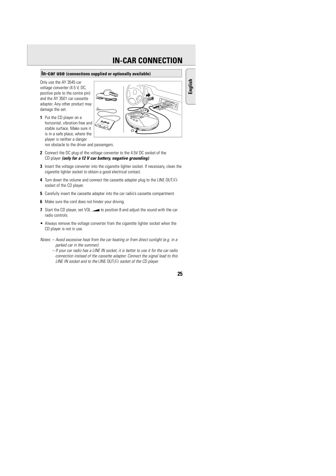 Philips AZT9240 manual IN-CAR Connection, In-car use connections supplied or optionally available, Put the CD player on a 