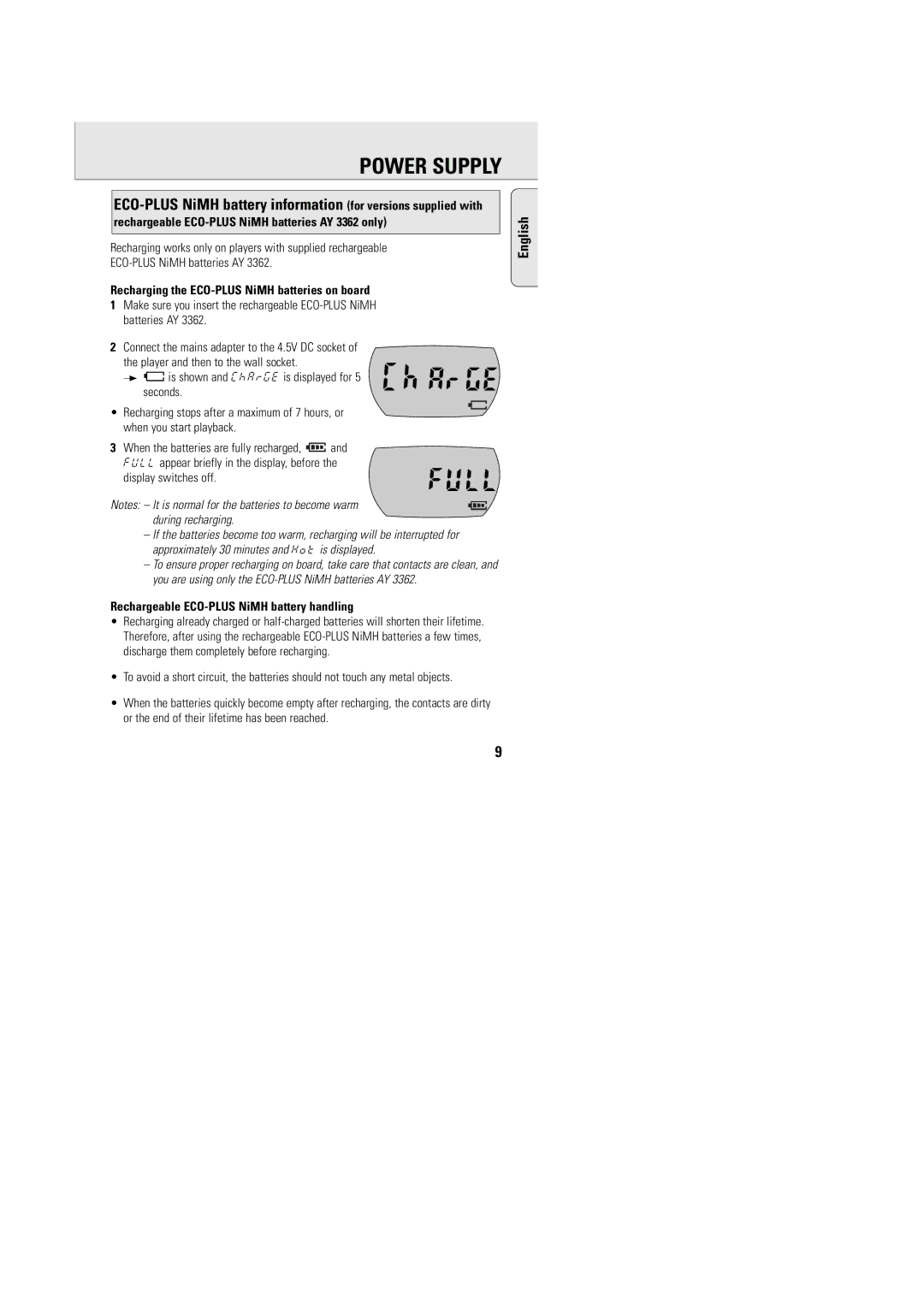 Philips AZT9240 manual Rechargeable ECO-PLUS NiMH batteries AY 3362 only, Recharging the ECO-PLUS NiMH batteries on board 