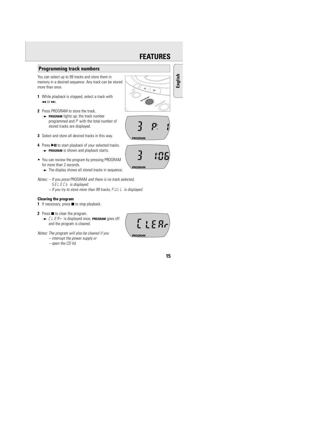 Philips AZT9240 manual Programming track numbers, Clearing the program 