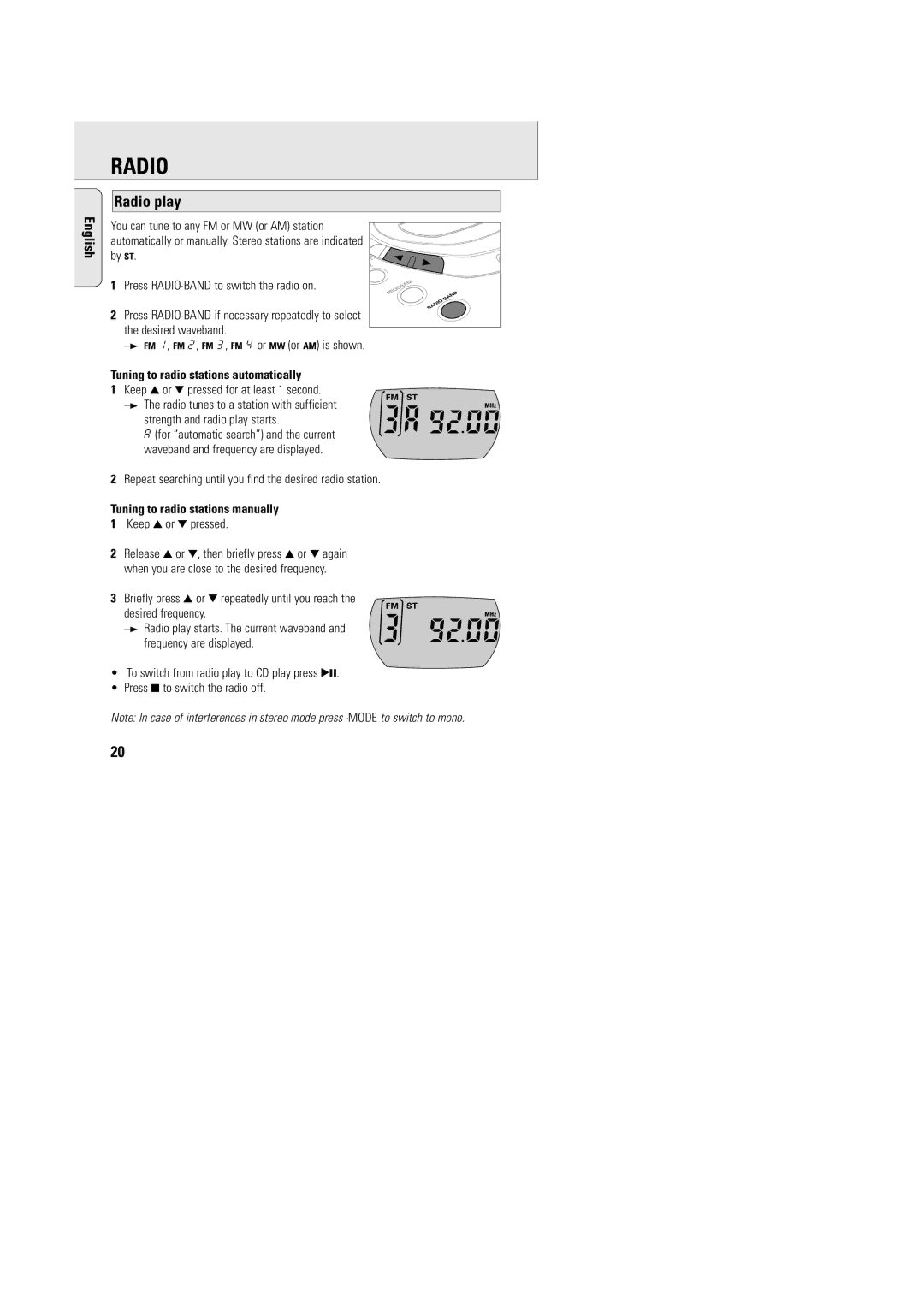 Philips AZT9240 Radio play, Tuning to radio stations automatically, Tuning to radio stations manually 