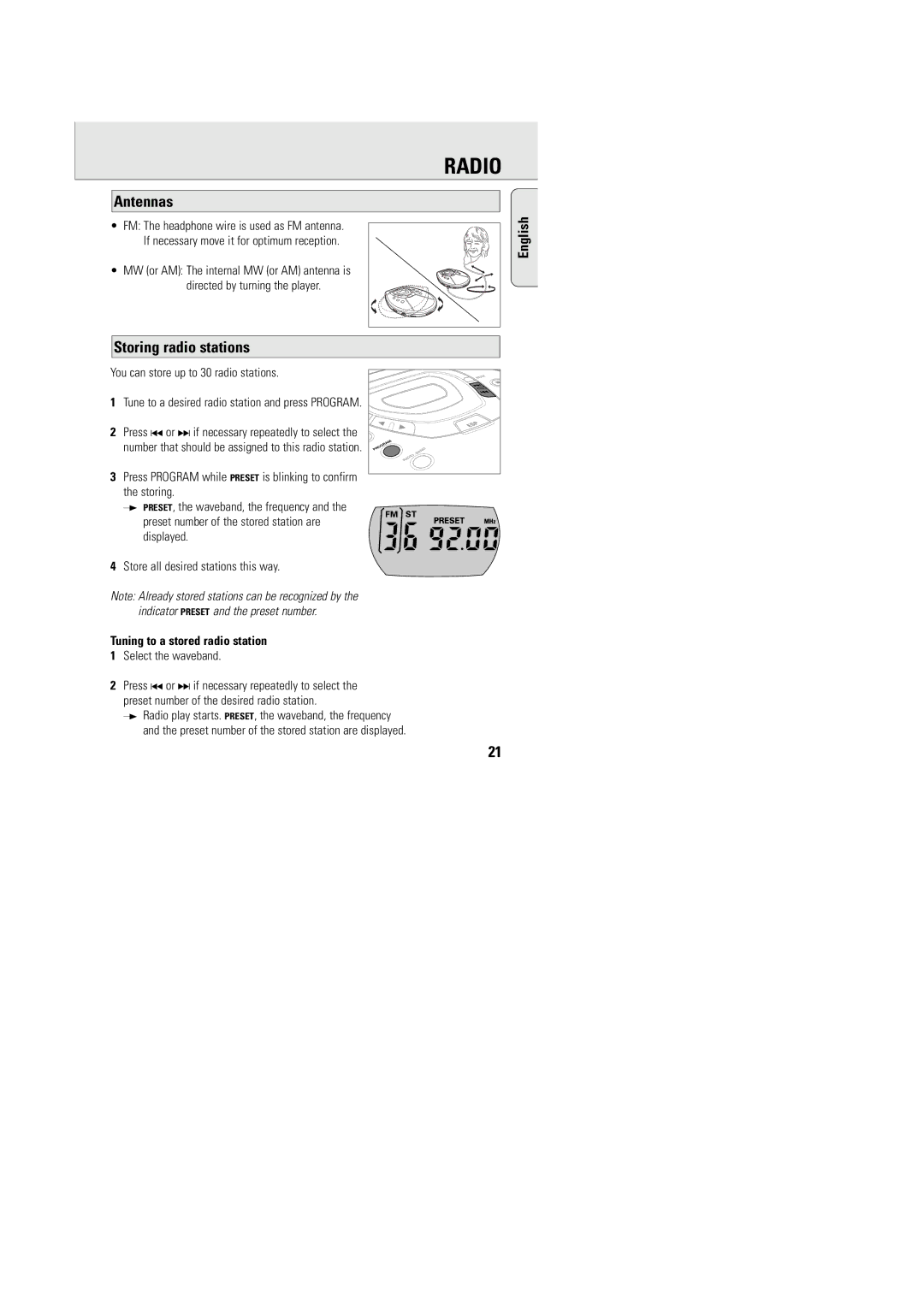 Philips AZT9240 Antennas, Storing radio stations, You can store up to 30 radio stations, Tuning to a stored radio station 