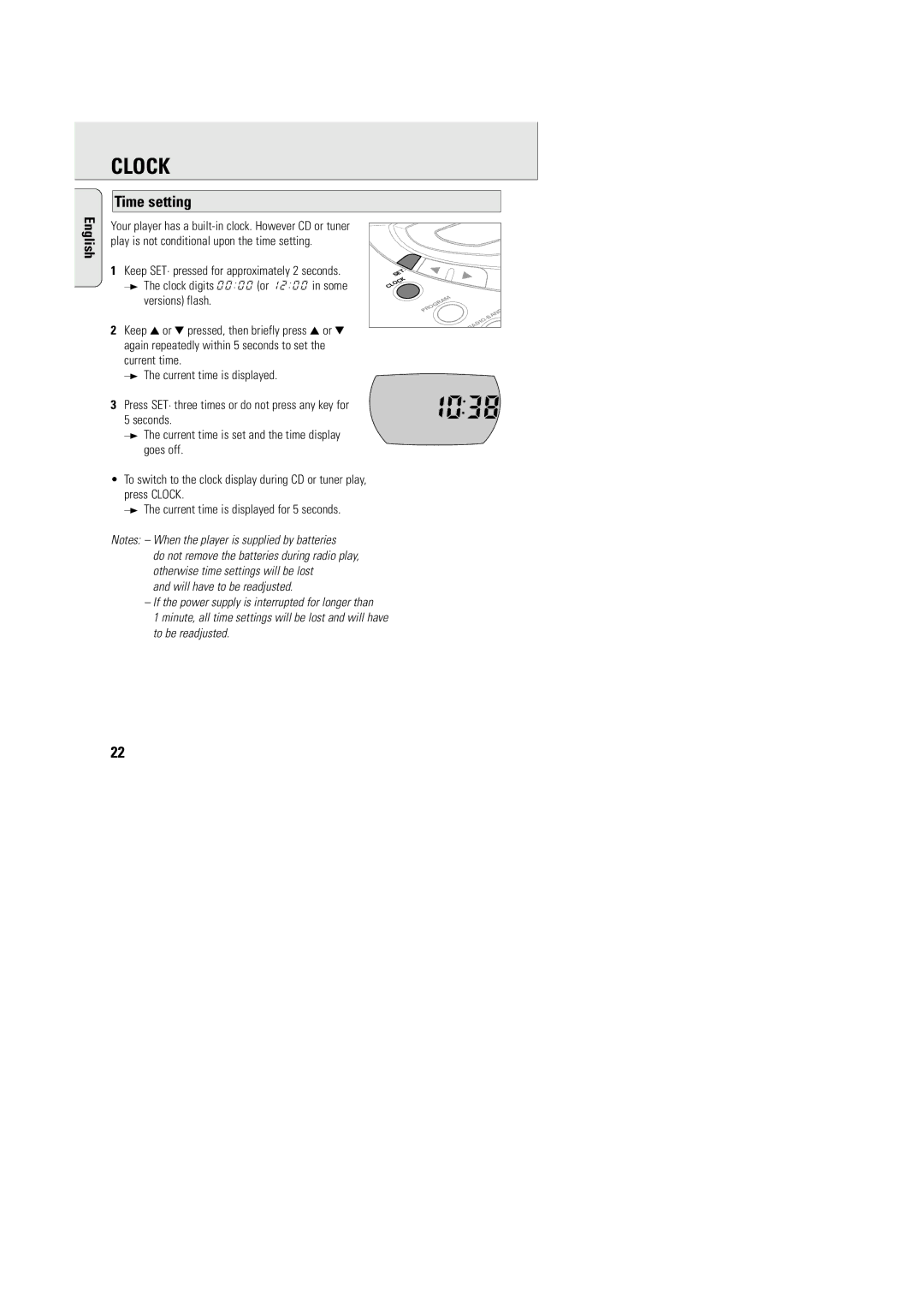 Philips AZT9240 manual Clock, Time setting 