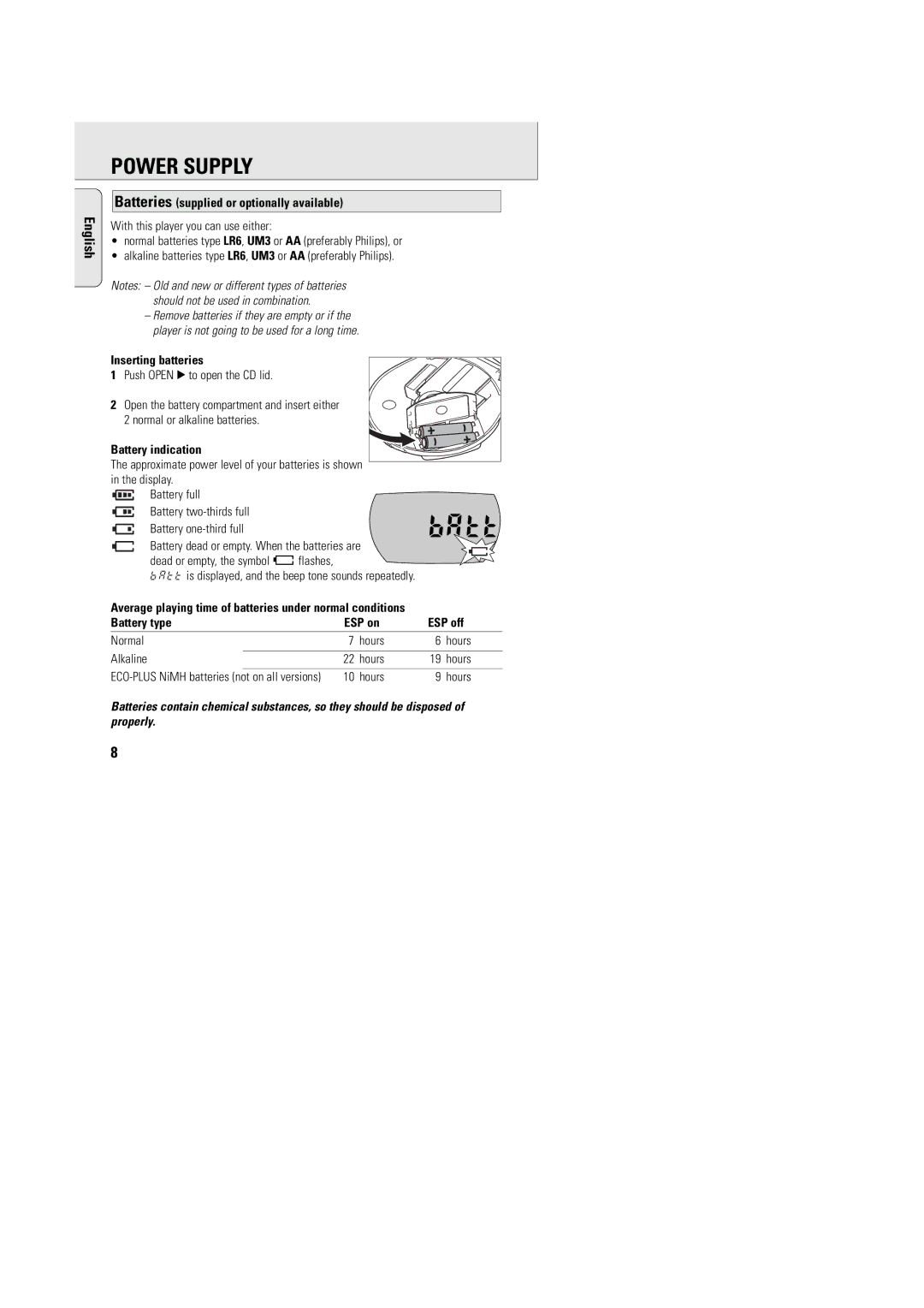 Philips AZT9240 manual Power Supply, Batteries supplied or optionally available, Inserting batteries, Battery indication 