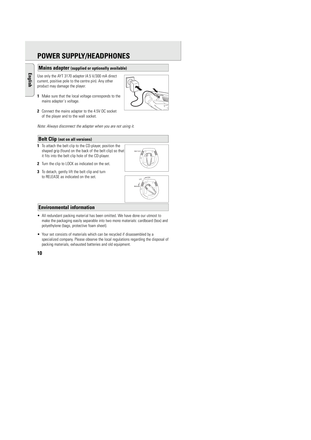 Philips AZT9240 manual Power SUPPLY/HEADPHONES, Environmental information, Mains adapter supplied or optionally available 