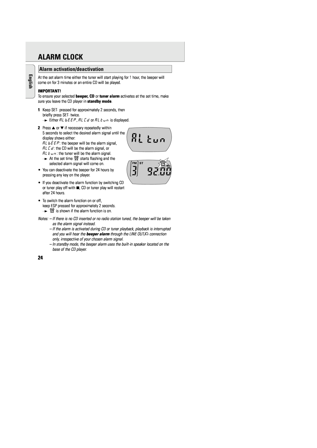 Philips AZT9240 manual Alarm activation/deactivation, Alarm Clock, English 