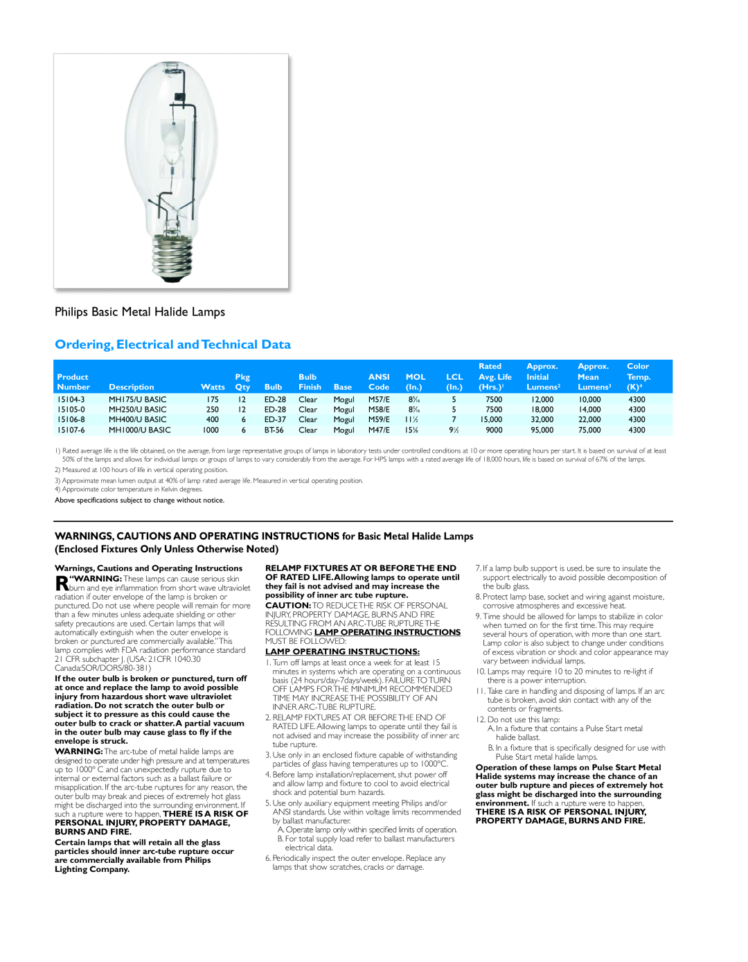 Philips Basic HID Lamp manual Philips Basic Metal Halide Lamps, Ordering, Electrical and Technical Data 