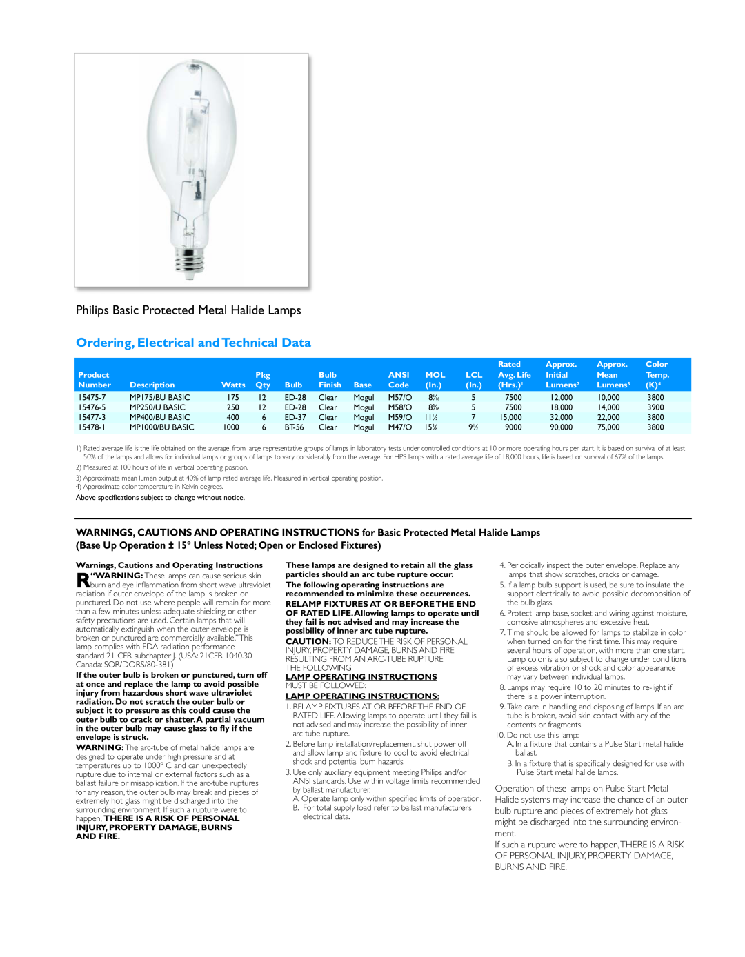 Philips Basic HID Lamp manual Philips Basic Protected Metal Halide Lamps, Ordering, Electrical and Technical Data 