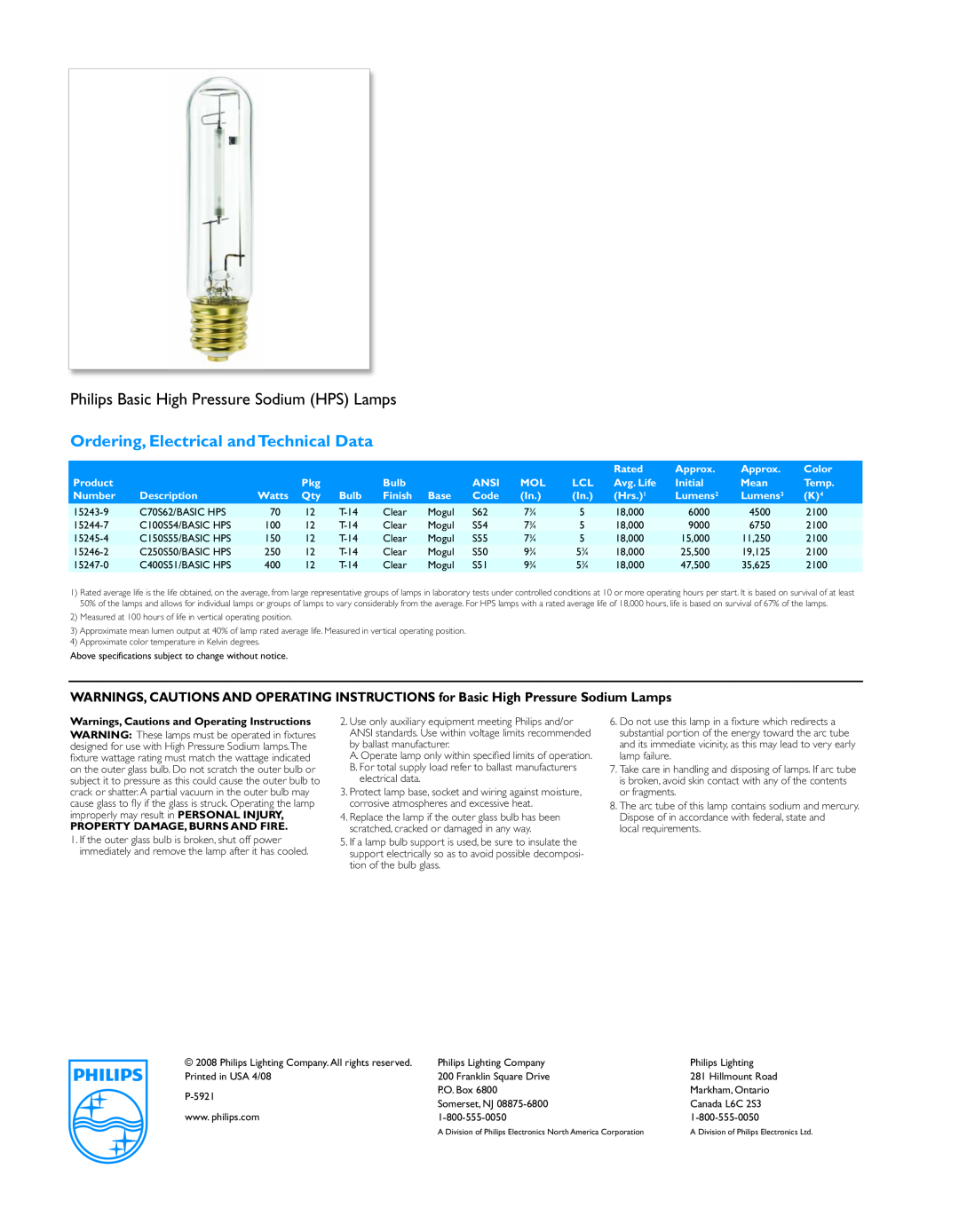 Philips Basic HID Lamp manual Philips Basic High Pressure Sodium HPS Lamps, Ordering, Electrical and Technical Data 