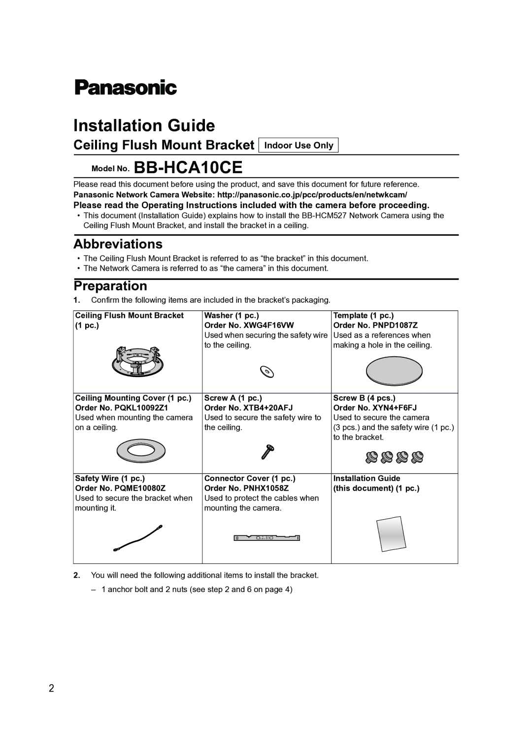 Philips BB-HCA10CE manual Installation Guide, Ceiling Flush Mount Bracket Indoor Use Only, Abbreviations, Preparation 