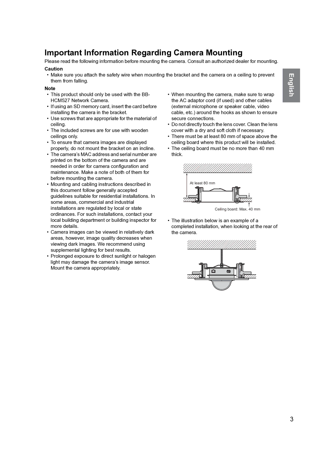 Philips BB-HCA10CE manual Important Information Regarding Camera Mounting, Ceiling board must be no more than 40 mm thick 