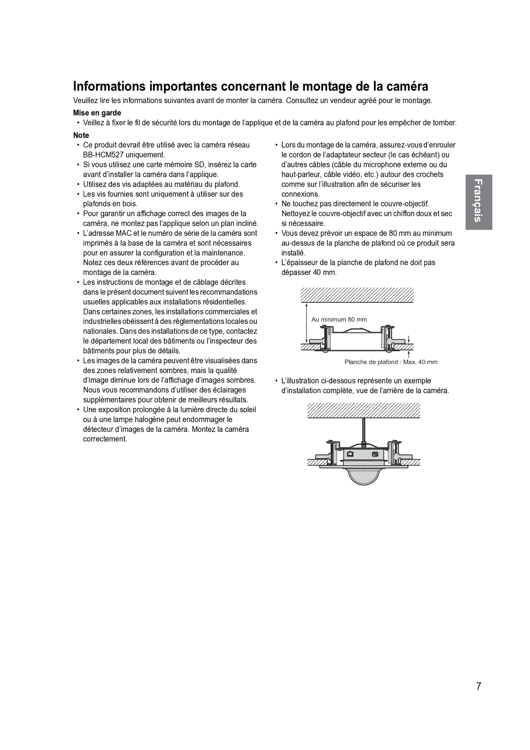 Philips BB-HCA10CE manual Informations importantes concernant le montage de la caméra, Mise en garde 