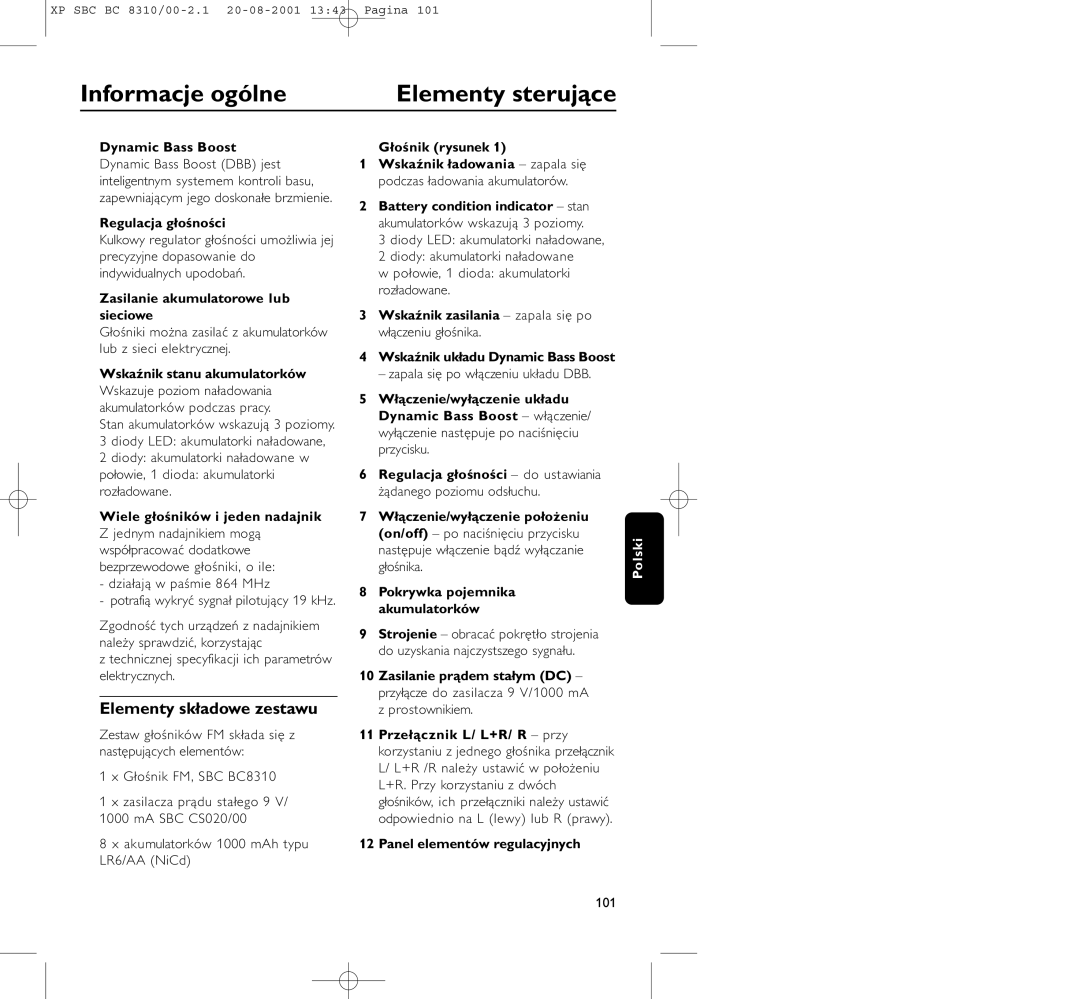 Philips BC 8310 manual Informacje ogólne Elementy sterujące, Elementy składowe zestawu 