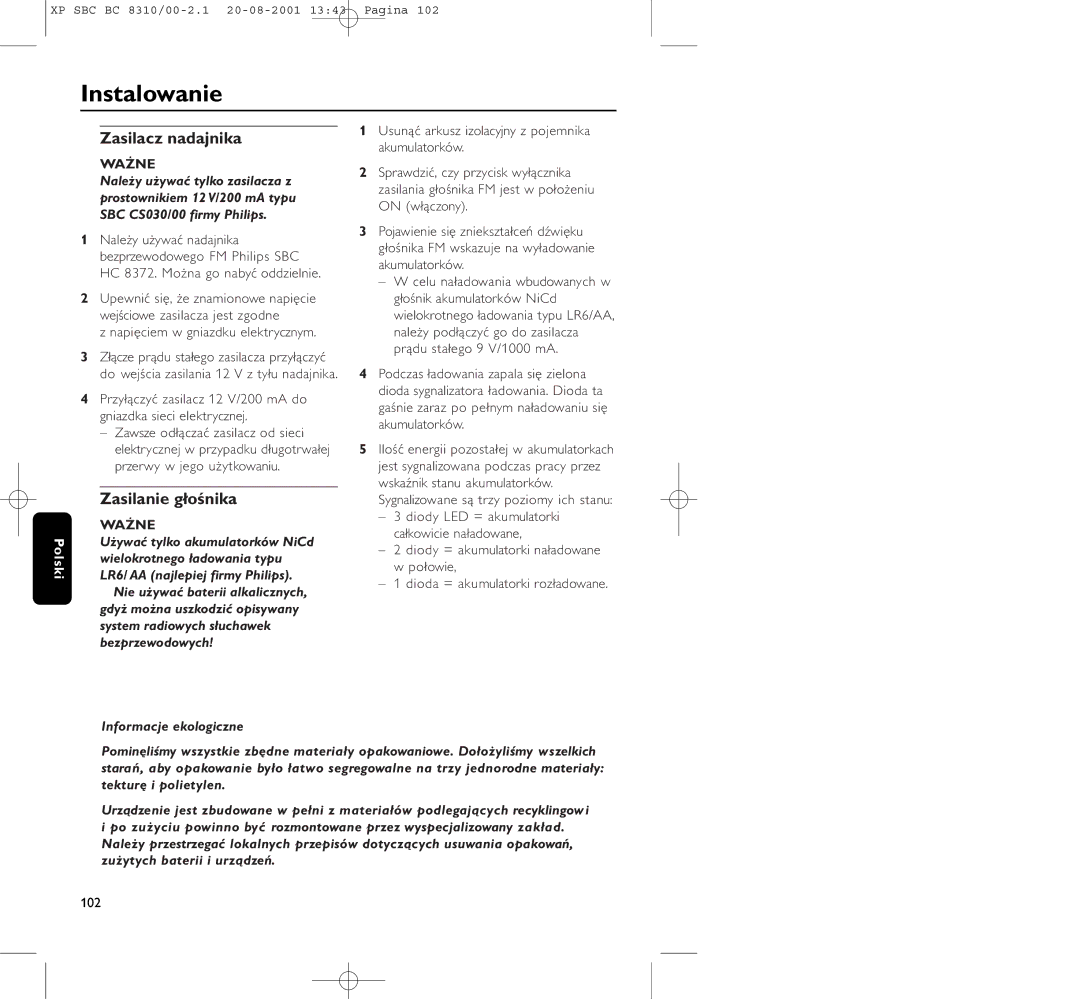 Philips BC 8310 manual Instalowanie, Zasilacz nadajnika, Zasilanie głośnika, Informacje ekologiczne 